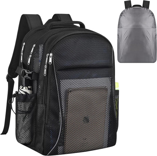 Heavy Duty X-Large Mesh Backpacks for Adults,Semi-Transparent college Backpacks with Rain cover for School, Beach, and Travel (X-Large)