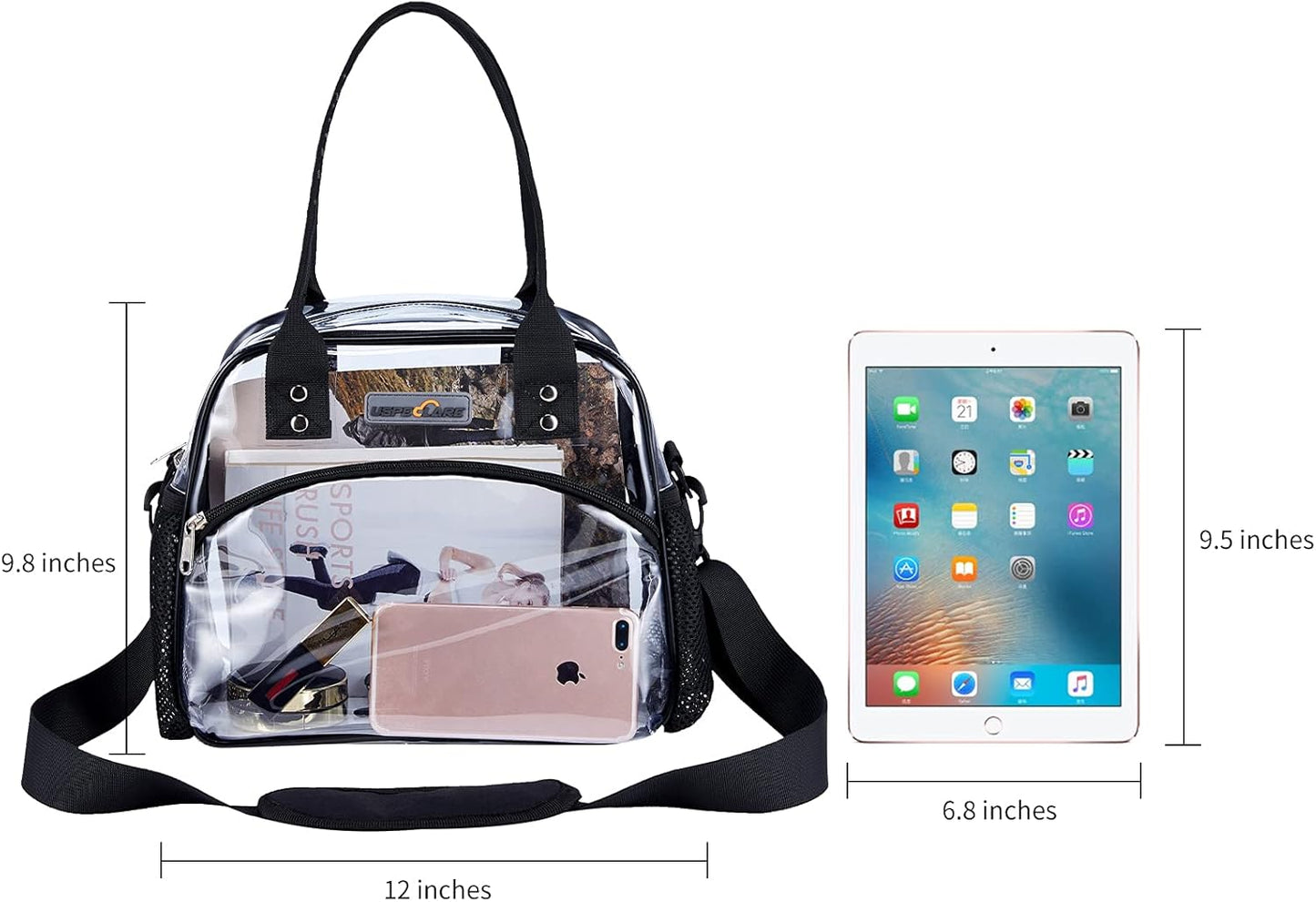 Clear Multi-purpose Tote Bag, Transparent Lunch Bag with Removable Bottom Board, Adjtable Shoulder Strap, Stadium Approved, 12 * 9.8 * 6 Inches, 4.97L, Clear PVC, Hand Wash