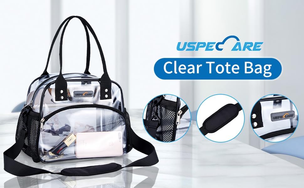 Clear Multi-purpose Tote Bag, Transparent Lunch Bag with Removable Bottom Board, Adjtable Shoulder Strap, Stadium Approved, 12 * 9.8 * 6 Inches, 4.97L, Clear PVC, Hand Wash
