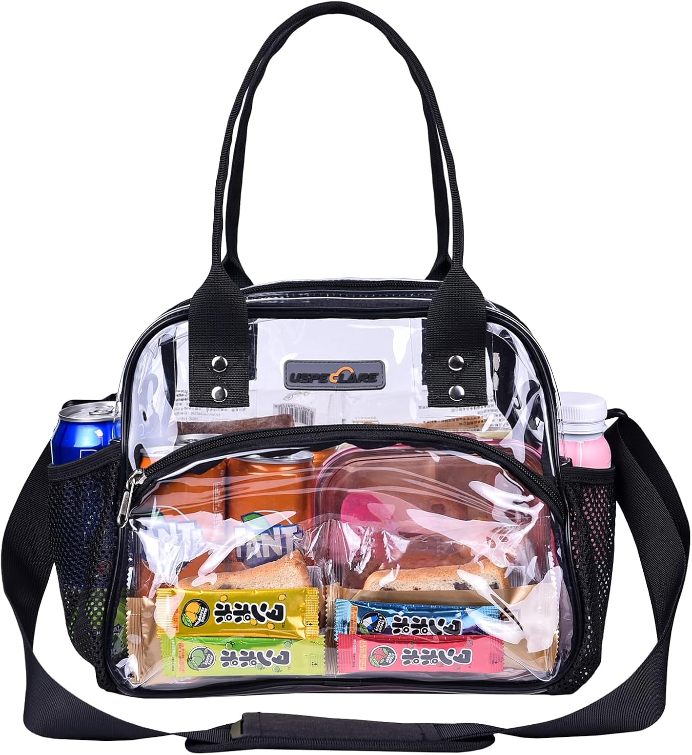 Clear Multi-purpose Tote Bag, Transparent Lunch Bag with Removable Bottom Board, Adjtable Shoulder Strap, Stadium Approved, 12 * 9.8 * 6 Inches, 4.97L, Clear PVC, Hand Wash