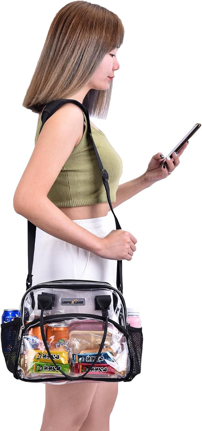 Clear Multi-purpose Tote Bag, Transparent Lunch Bag with Removable Bottom Board, Adjtable Shoulder Strap, Stadium Approved, 12 * 9.8 * 6 Inches, 4.97L, Clear PVC, Hand Wash