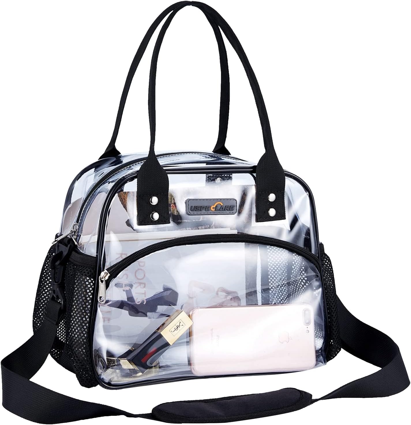 Clear Multi-purpose Tote Bag, Transparent Lunch Bag with Removable Bottom Board, Adjtable Shoulder Strap, Stadium Approved, 12 * 9.8 * 6 Inches, 4.97L, Clear PVC, Hand Wash