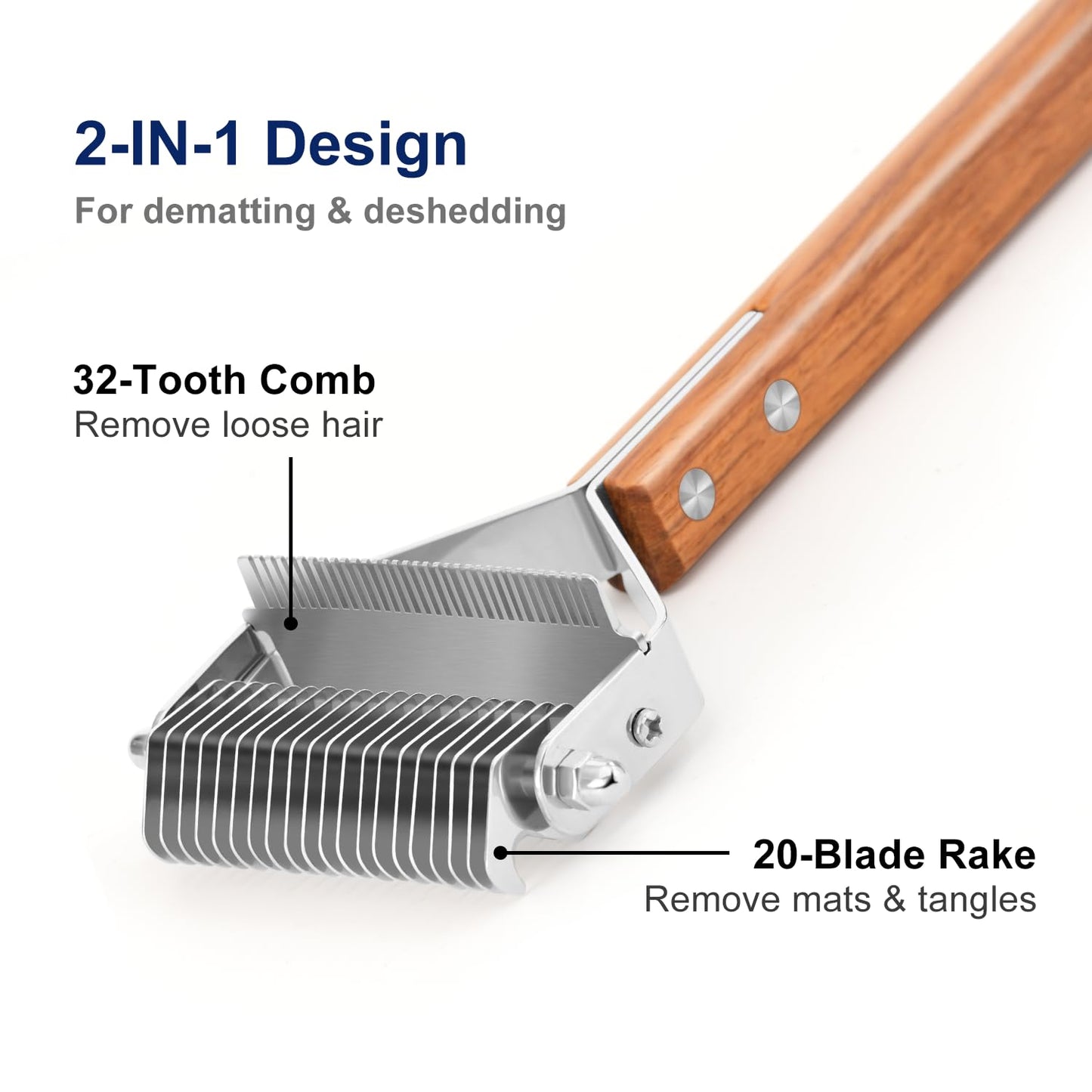 2-in-1 Dematting Comb & Shedding Brh, Undercoat Rake Grooming Tool with Wooden Handle for Dogs & Cats - Easily Removes Mats, Tangles, and Loose Hair