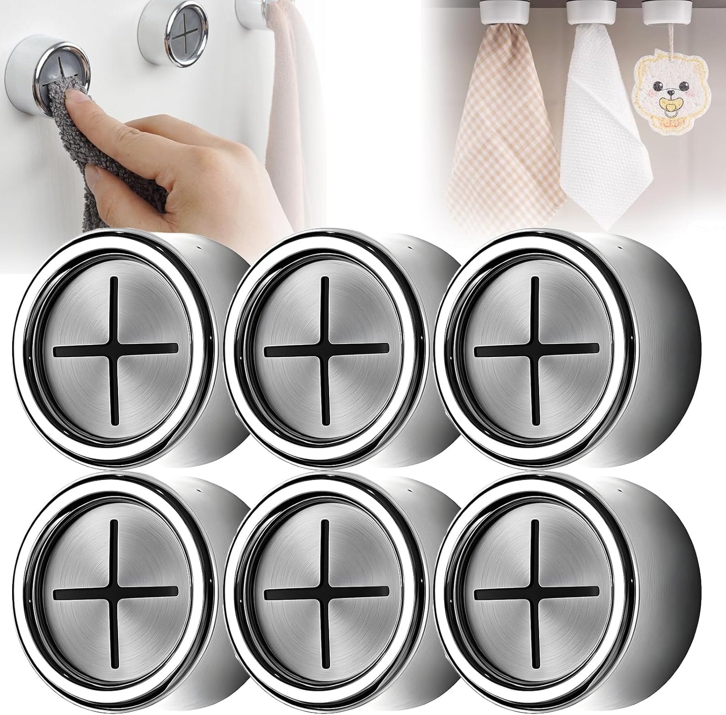 Creative Towel Hook with Premium Chrome Finish, 2025 New Round Adhesive Push Towel Hooks for Kitchen, Bathroom, Cabinet (Chrome, 6pcs)