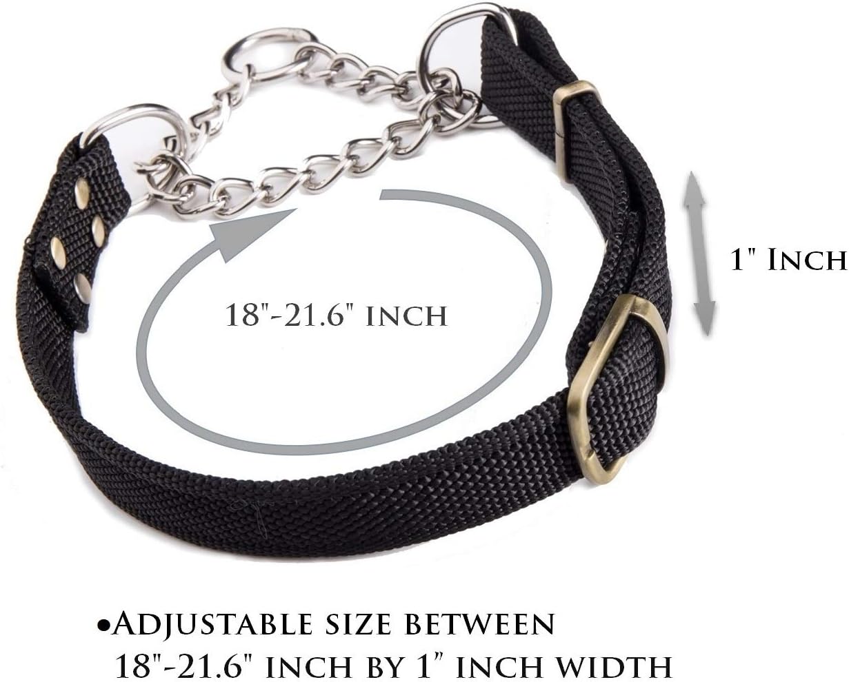 Stainless Steel Nylon Chain Martingale Collar Comfort Heavy Duty Large Dog Collar Escape Perfect for Training Walking Running and High Activities 250lb Pull Proved (Large, Black)