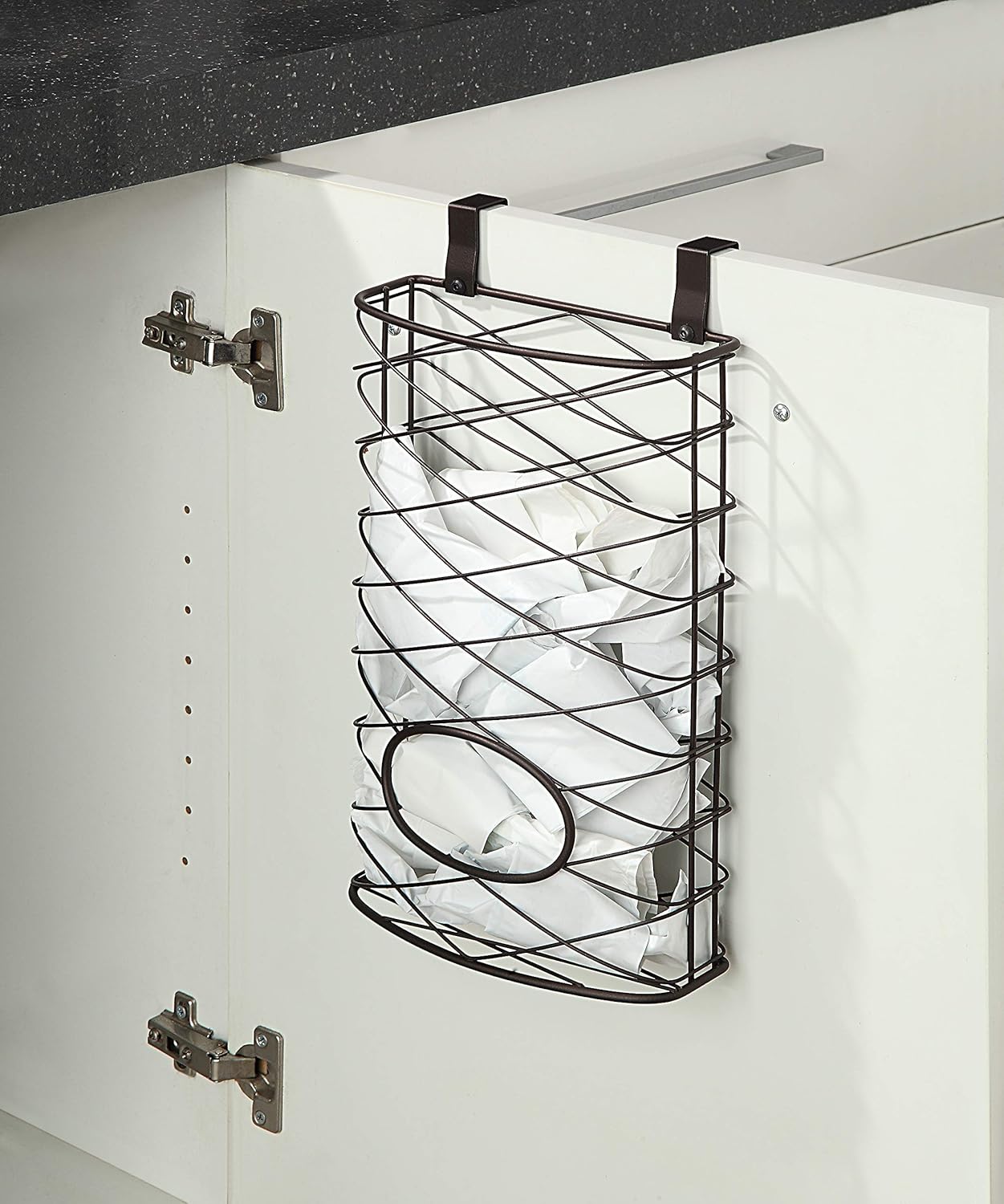 Over Cabinet Kitchen Storage Organizer Holder or Basket - Hang Over Cabinet Doors in Kitchen/Pantry - Holds up to 50 Plastic Shopping Bags (BROWN)