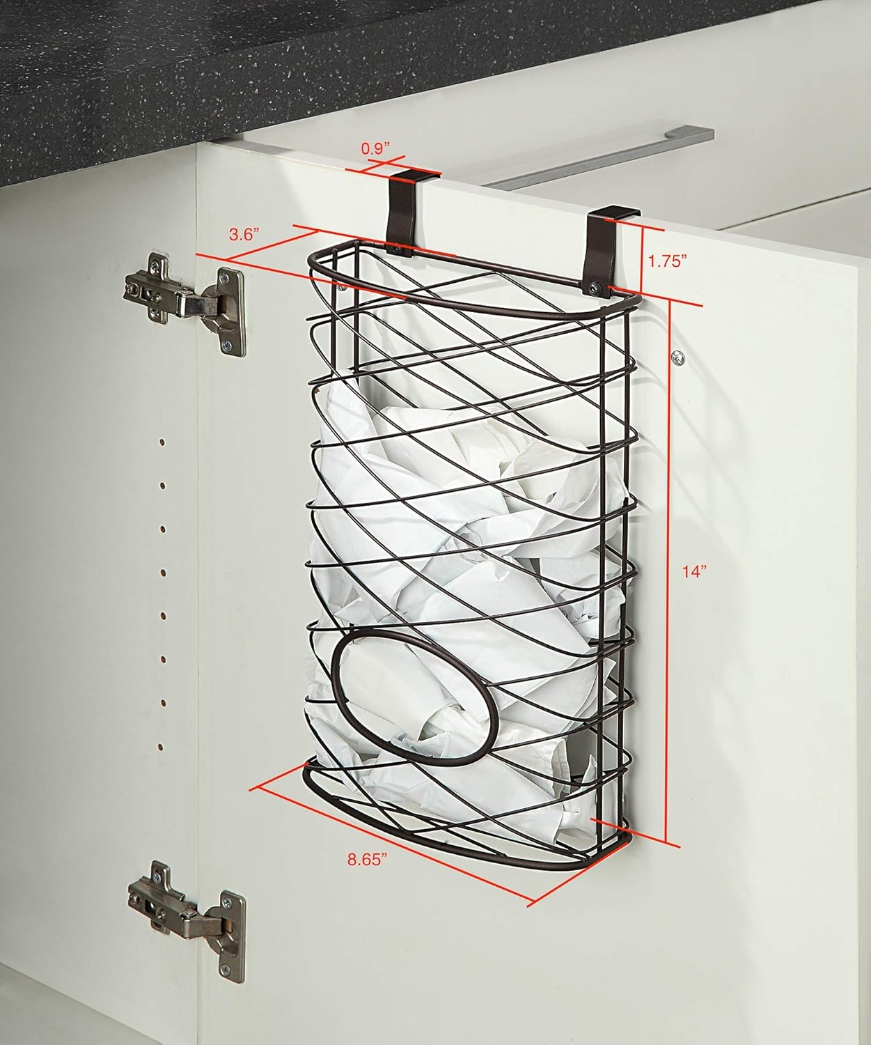 Over Cabinet Kitchen Storage Organizer Holder or Basket - Hang Over Cabinet Doors in Kitchen/Pantry - Holds up to 50 Plastic Shopping Bags (BROWN)