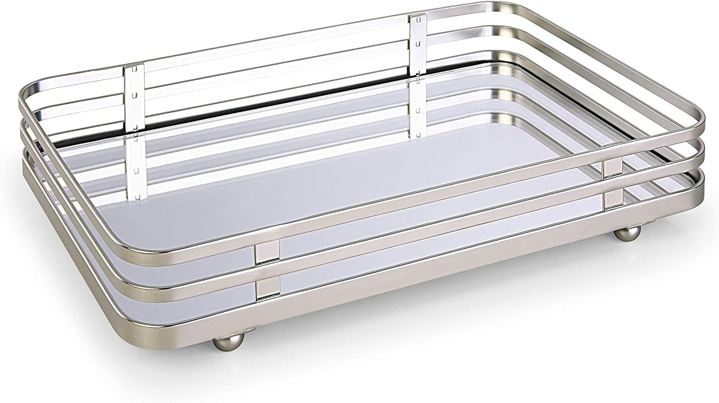 Classic Decorative Vanity Perfume Dresser Jewelry Organizer Makeup Mirror Tray (Satin Nickel)