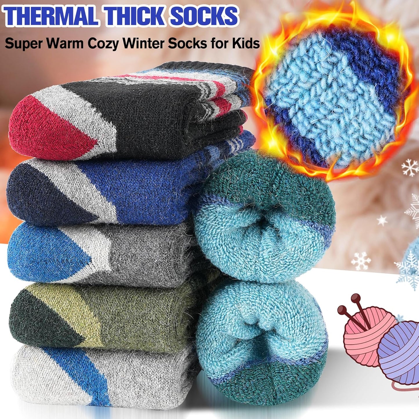 Kids Merino Wool Hiking Socks Thermal Winter Warm Thick Boys Toddlers Girls Chion Crew Socks 6 Pairs