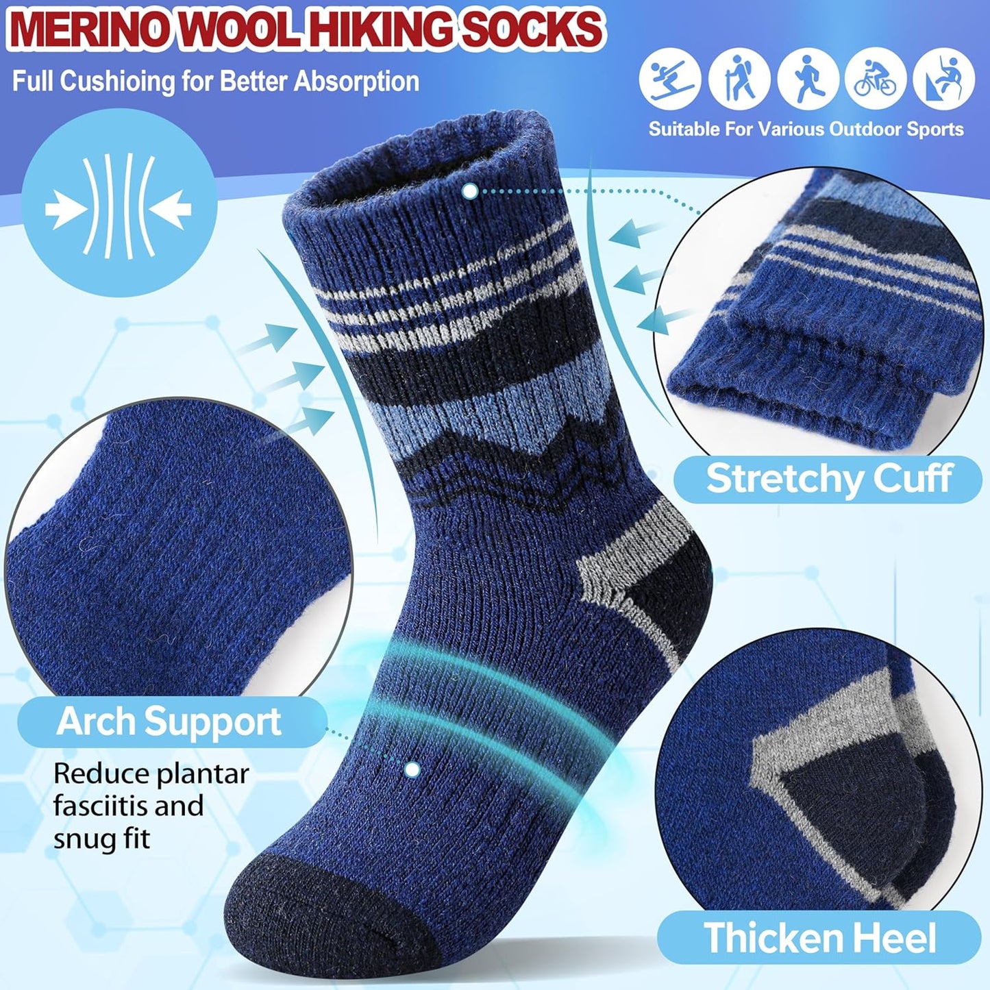 Kids Merino Wool Hiking Socks Thermal Winter Warm Thick Boys Toddlers Girls Chion Crew Socks 6 Pairs