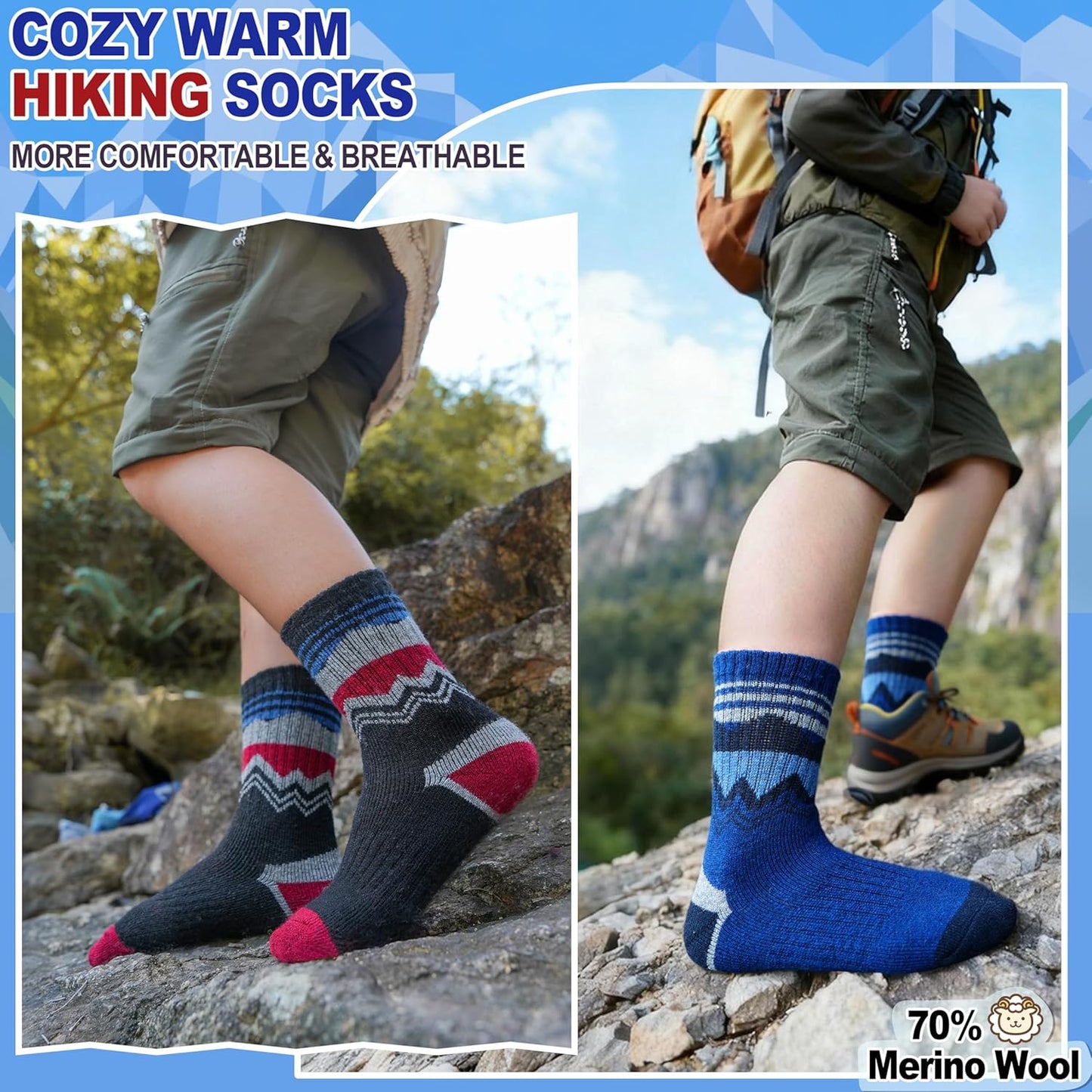 Kids Merino Wool Hiking Socks Thermal Winter Warm Thick Boys Toddlers Girls Chion Crew Socks 6 Pairs