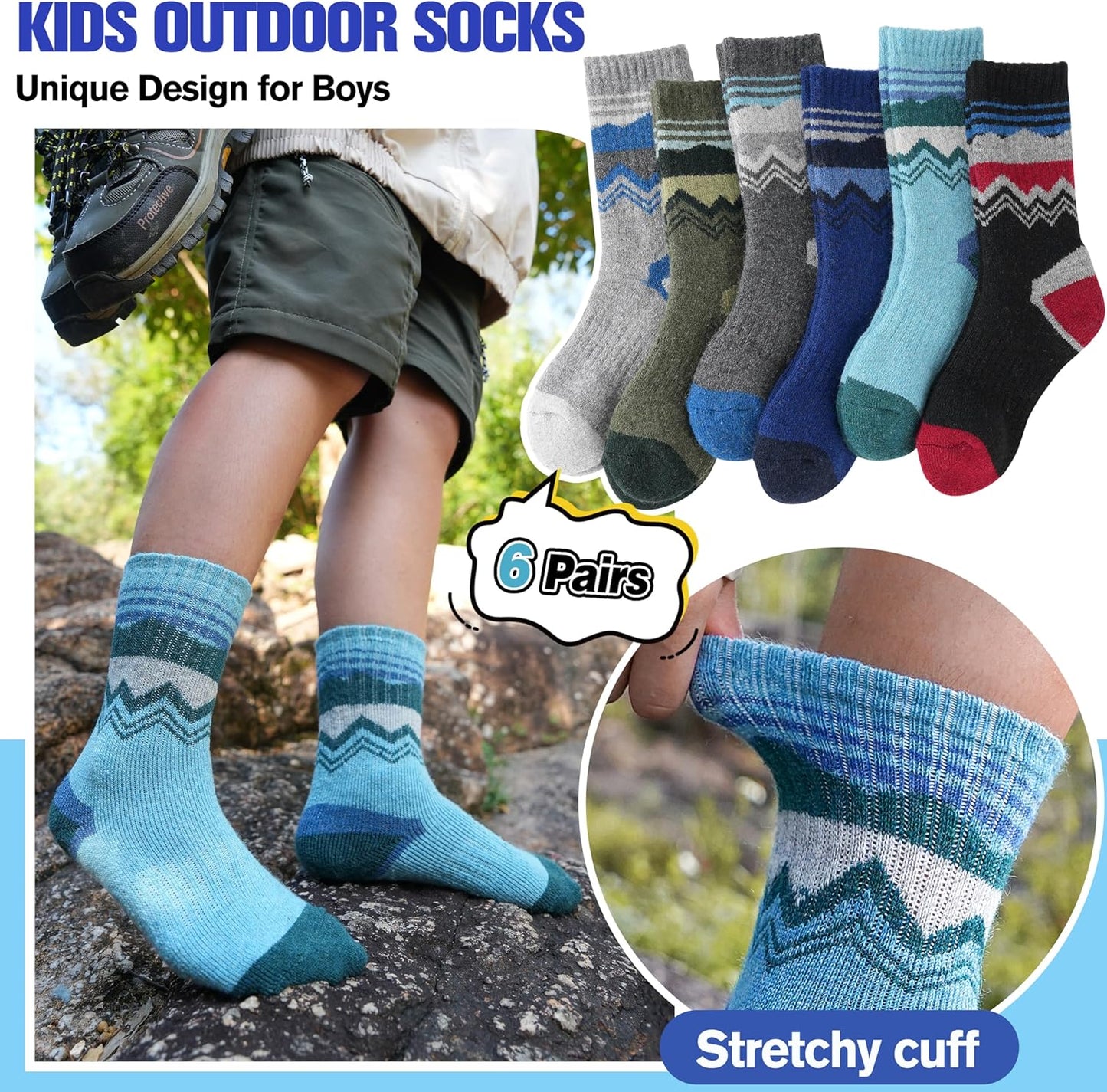 Kids Merino Wool Hiking Socks Thermal Winter Warm Thick Boys Toddlers Girls Chion Crew Socks 6 Pairs