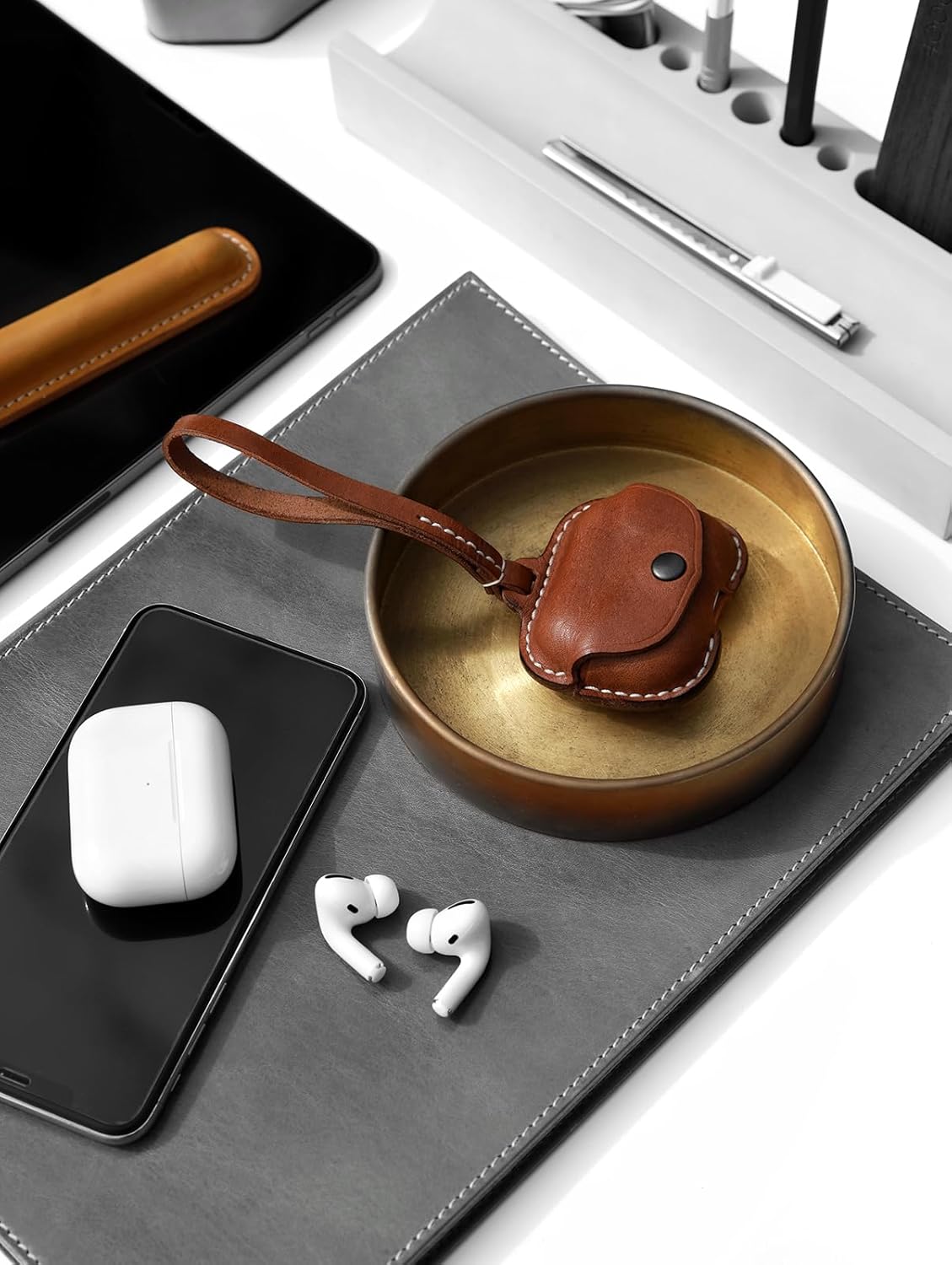 Leather Case Cover Earbud Case Strap String Compatible with Wireless Charging Case Brown