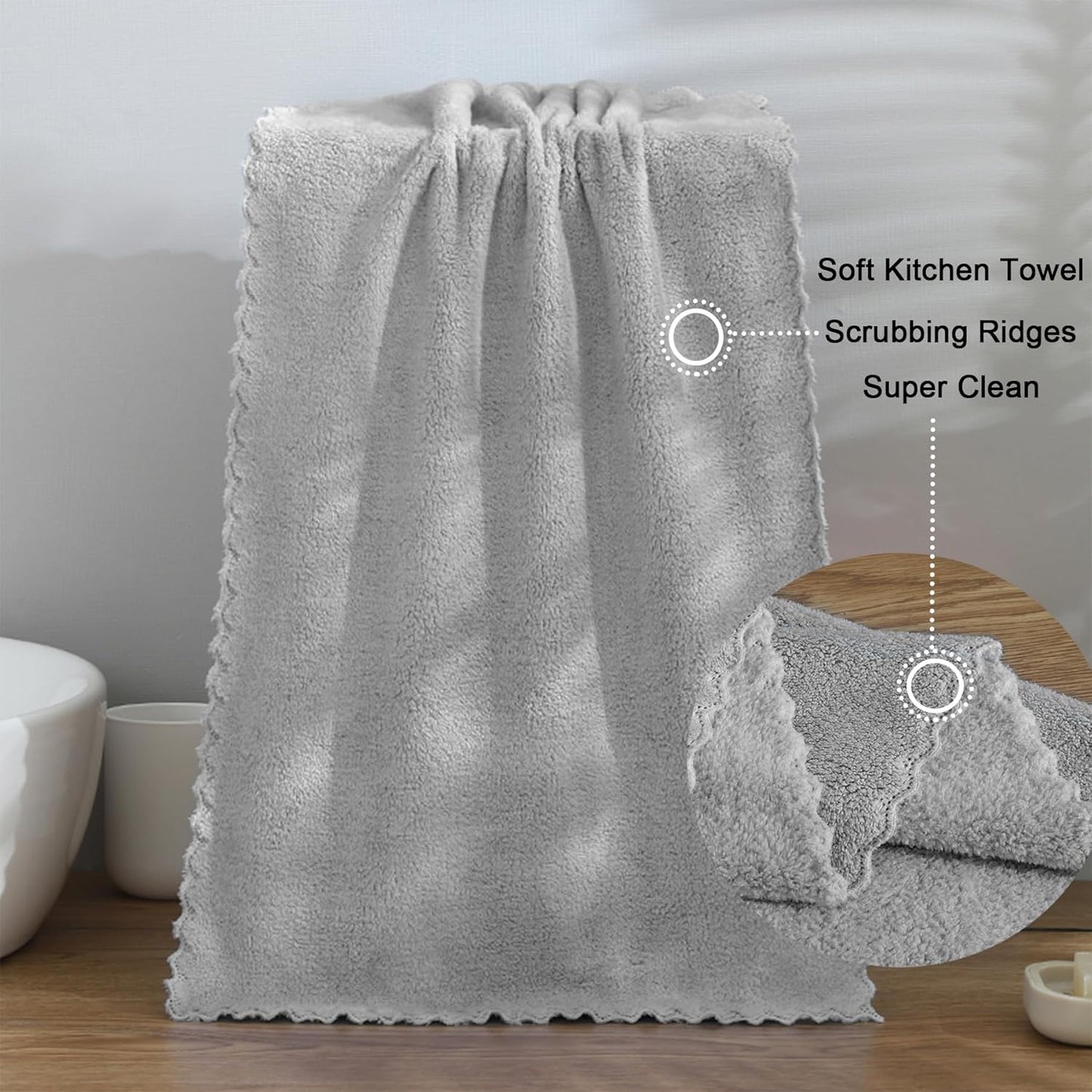 Kitchen Cloth Dish Towels, 13x28 Inches Premium Dishcloths, Super Absorbent Coral Velvet Microfiber Cleaning Cloths, Fast Drying Rags for Washing Dishes (13x28-6 Pack, Grey)