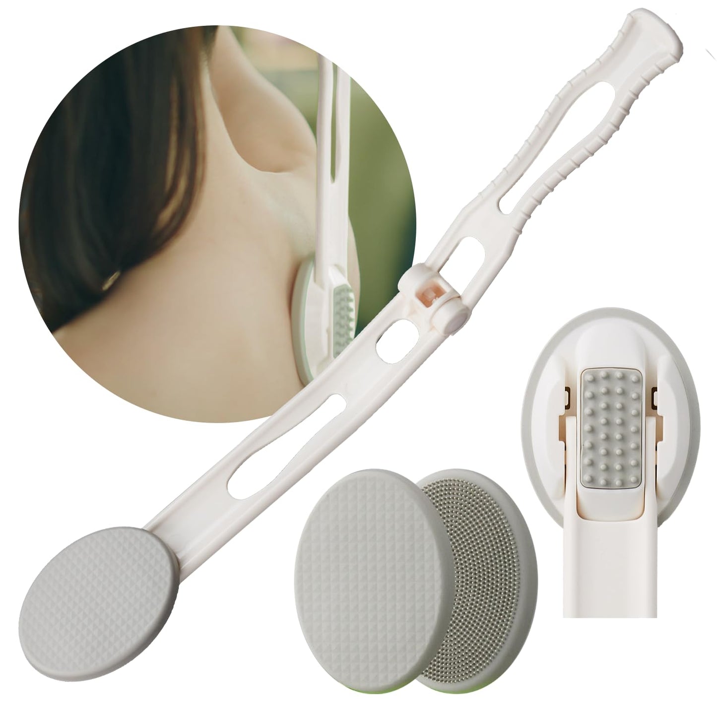 Lotion Applicator for Back - 3in1 Foldable, Cream, Sunscreen, Ointment Applicator, 19" Long Handle, Body Massage Tool - 1 Body Brh Pad, 1 Lotion Pad Included