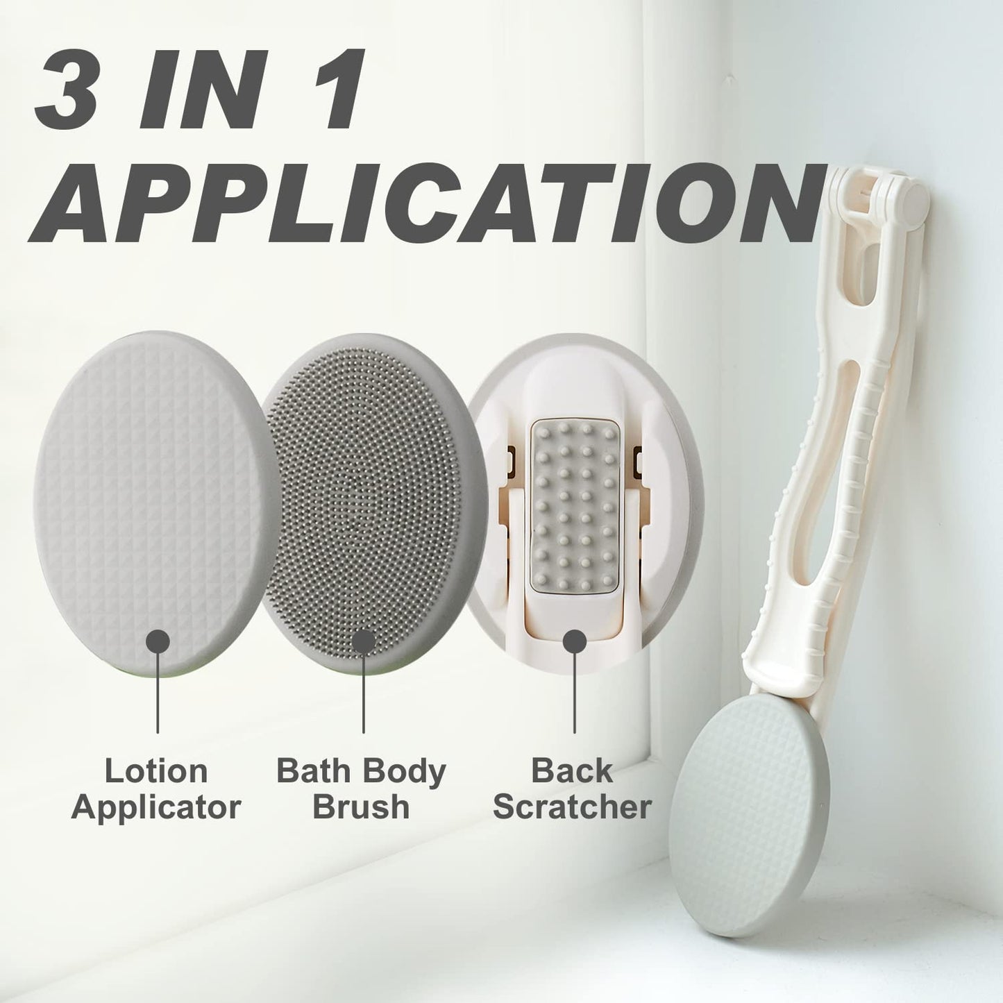 Lotion Applicator for Back - 3in1 Foldable, Cream, Sunscreen, Ointment Applicator, 19" Long Handle, Body Massage Tool - 1 Body Brh Pad, 1 Lotion Pad Included