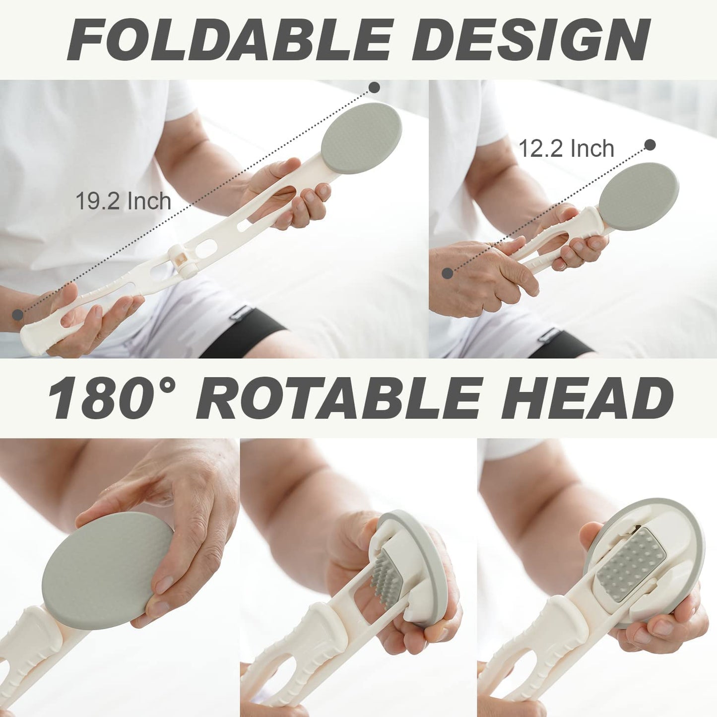 Lotion Applicator for Back - 3in1 Foldable, Cream, Sunscreen, Ointment Applicator, 19" Long Handle, Body Massage Tool - 1 Body Brh Pad, 1 Lotion Pad Included
