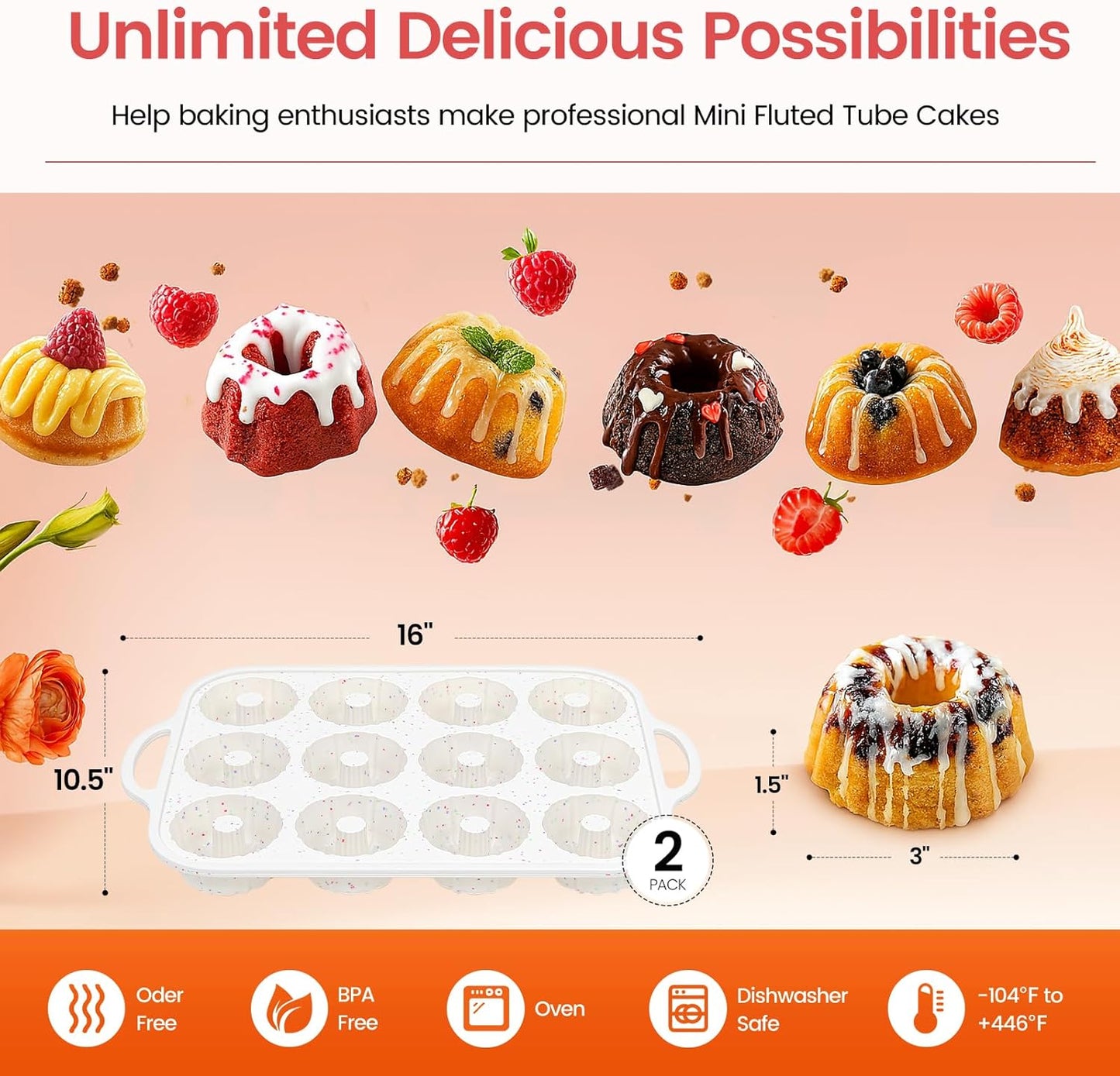 Silicone Mini Fluted Tube Pan with Metal Reinforced Frame, Non-Stick (2PCS), moldes de silicona para gelatina, Small Cake Baking Pan for para chocoflan, Donuts, Cornbread, Brownies, Jellies