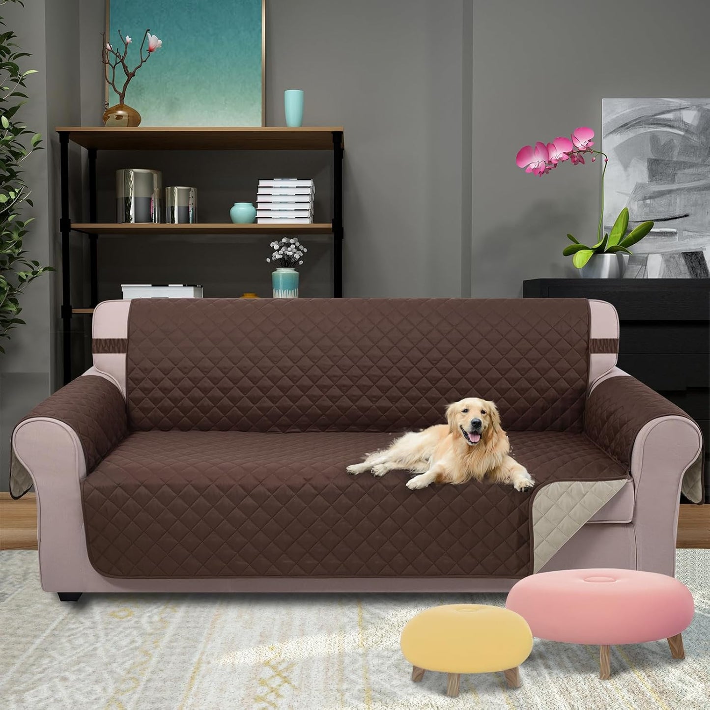 Reversible Sofa Cover Washable Couch Cover for Dogs Friendly with Elastic Straps Water Repellent Furniture Protector for 3 Chion Couch (Sofa, Coffee/Beige)