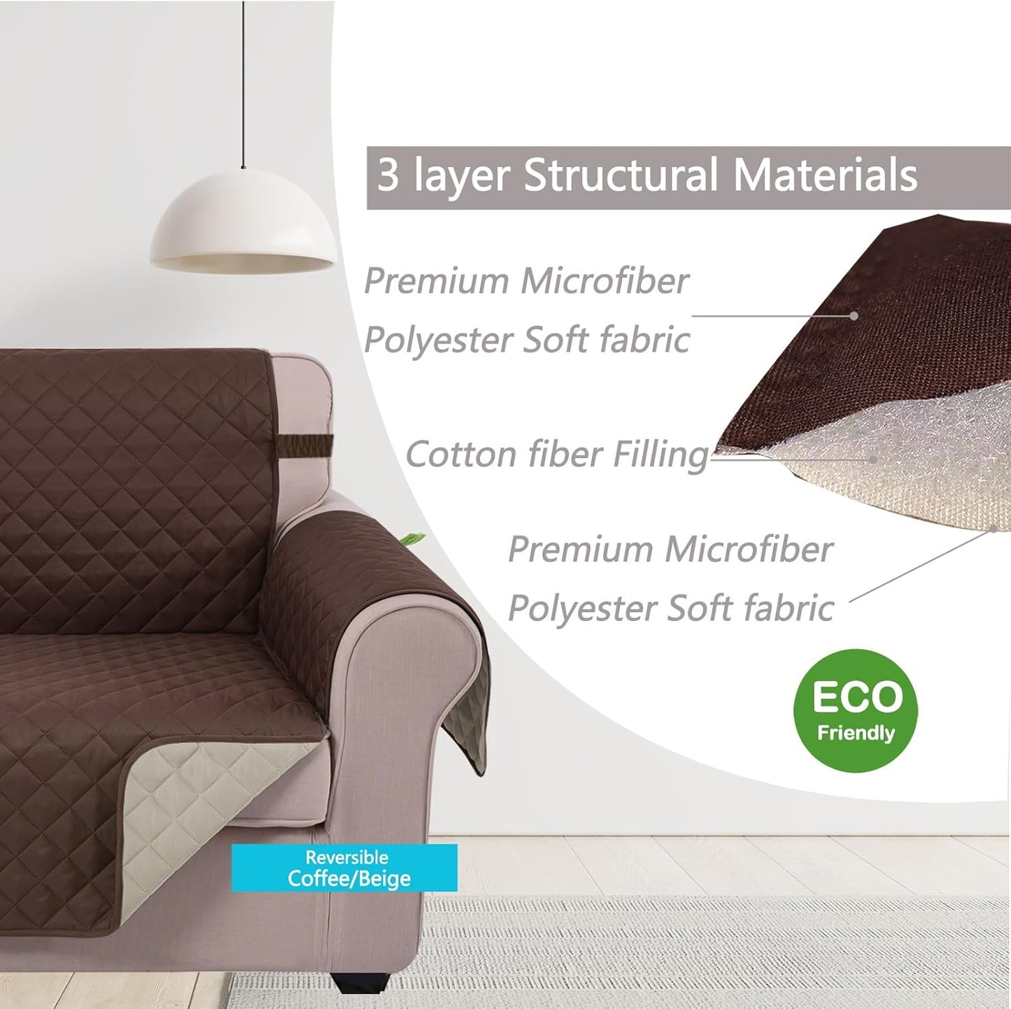 Reversible Sofa Cover Washable Couch Cover for Dogs Friendly with Elastic Straps Water Repellent Furniture Protector for 3 Chion Couch (Sofa, Coffee/Beige)
