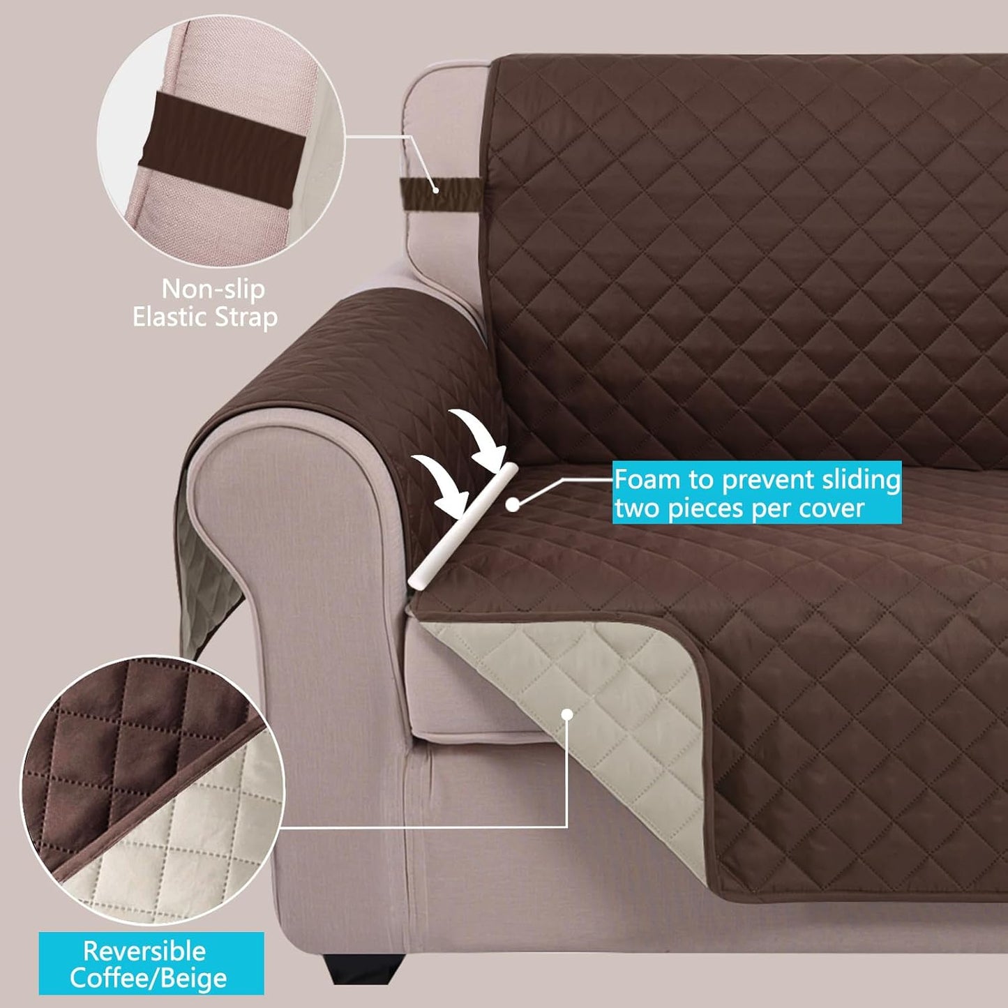 Reversible Sofa Cover Washable Couch Cover for Dogs Friendly with Elastic Straps Water Repellent Furniture Protector for 3 Chion Couch (Sofa, Coffee/Beige)
