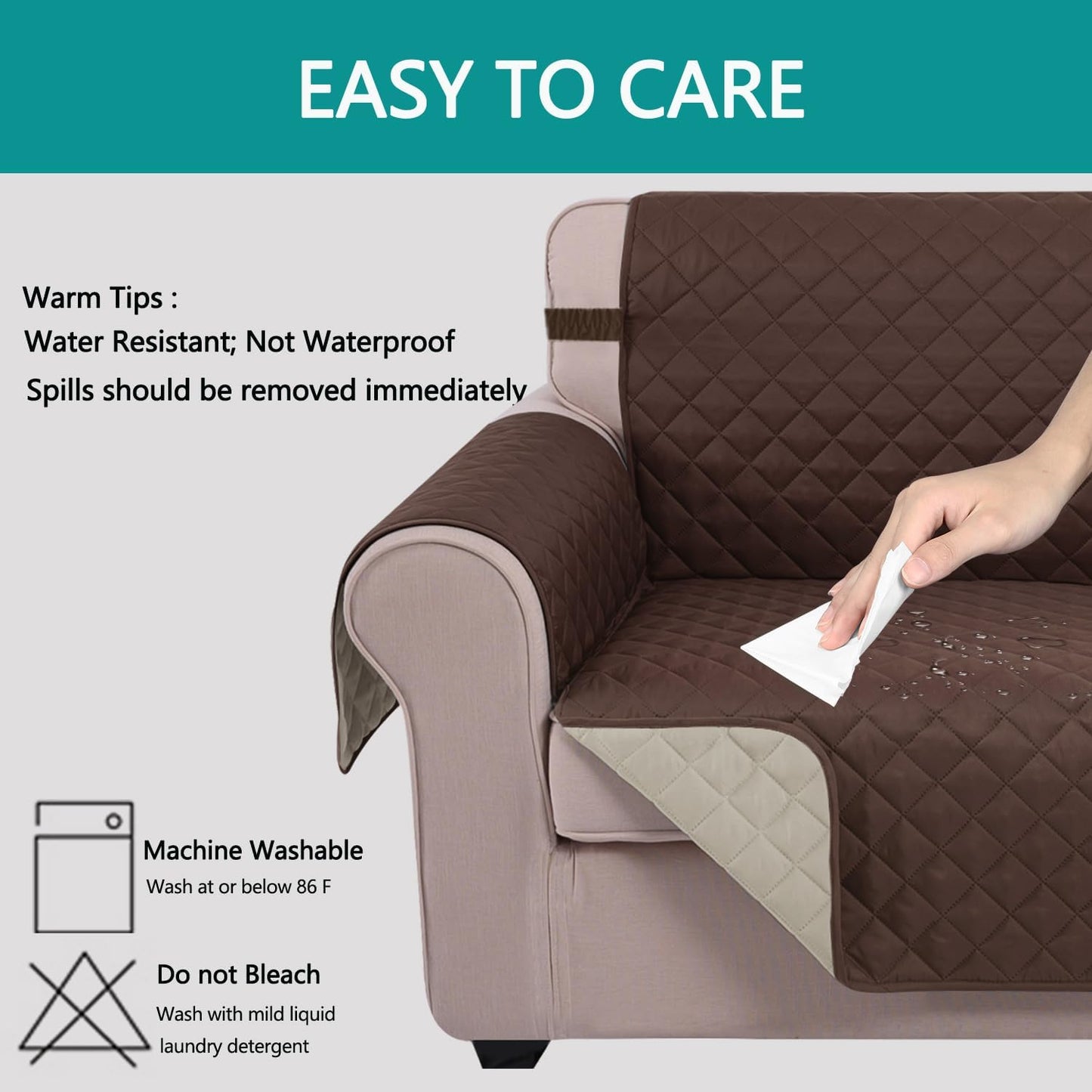 Reversible Sofa Cover Washable Couch Cover for Dogs Friendly with Elastic Straps Water Repellent Furniture Protector for 3 Chion Couch (Sofa, Coffee/Beige)