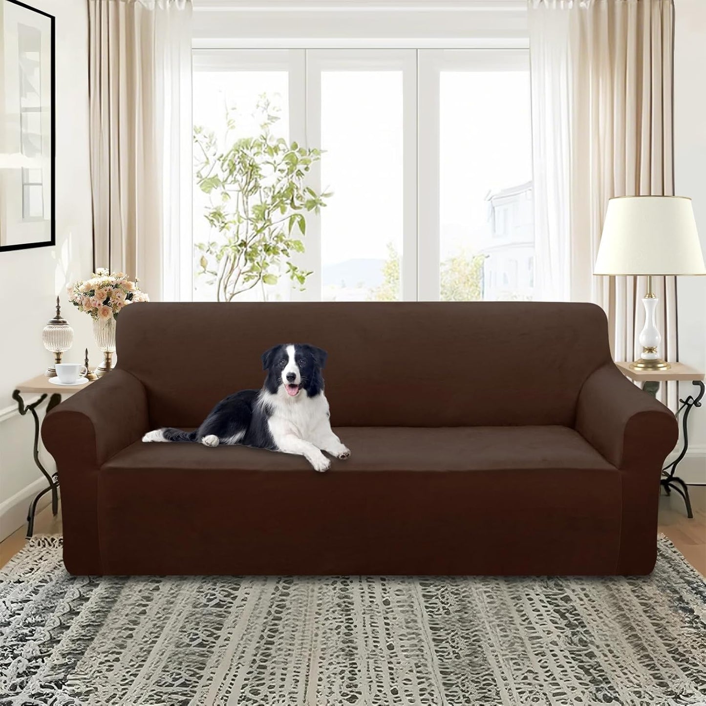 Velvet Sofa Cover Stretch Couch Covers for 3 Chion Furniture Protector Sofa Slipcover (Large, Chocolate)
