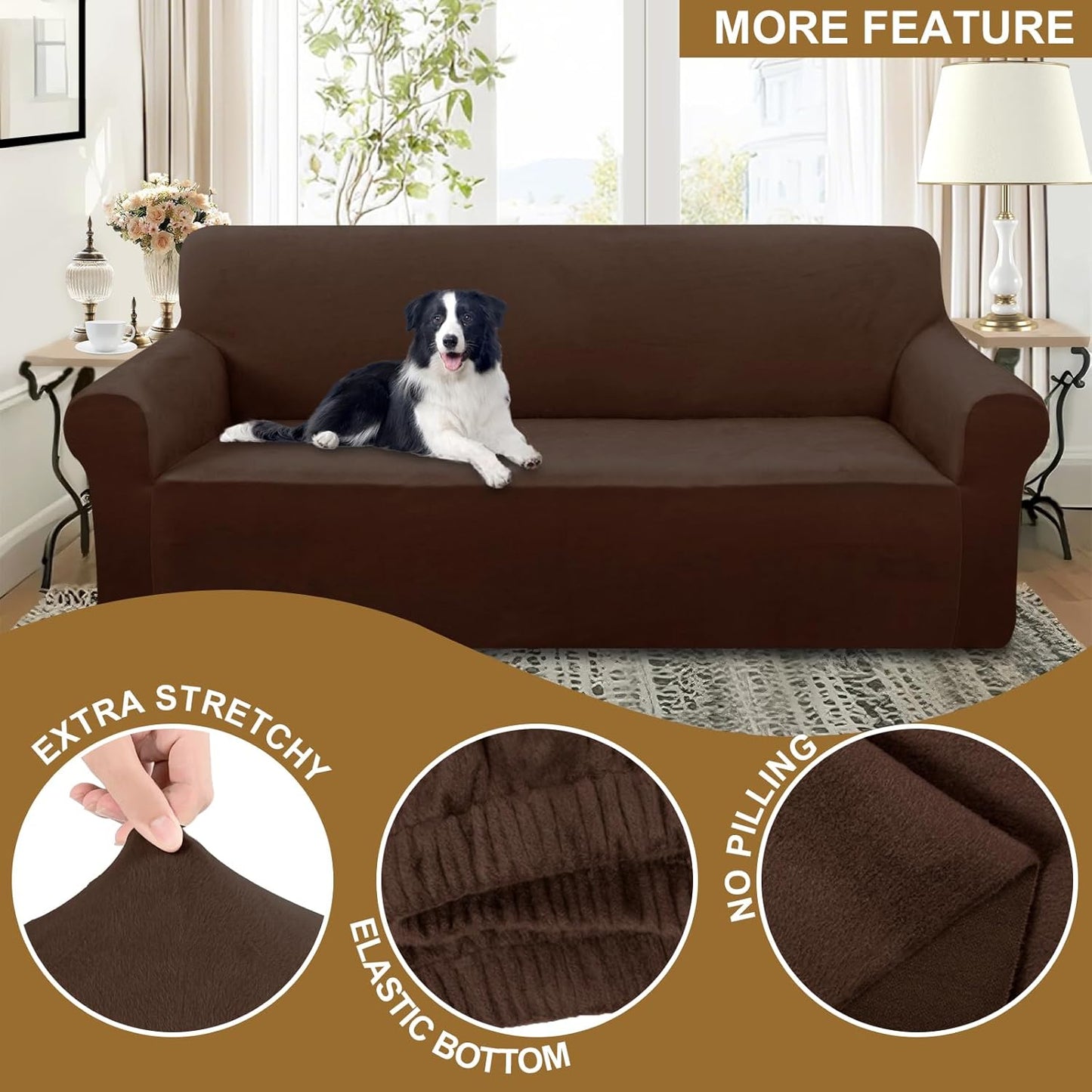 Velvet Sofa Cover Stretch Couch Covers for 3 Chion Furniture Protector Sofa Slipcover (Large, Chocolate)