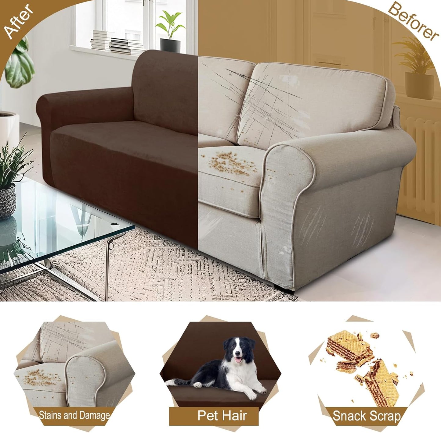 Velvet Sofa Cover Stretch Couch Covers for 3 Chion Furniture Protector Sofa Slipcover (Large, Chocolate)