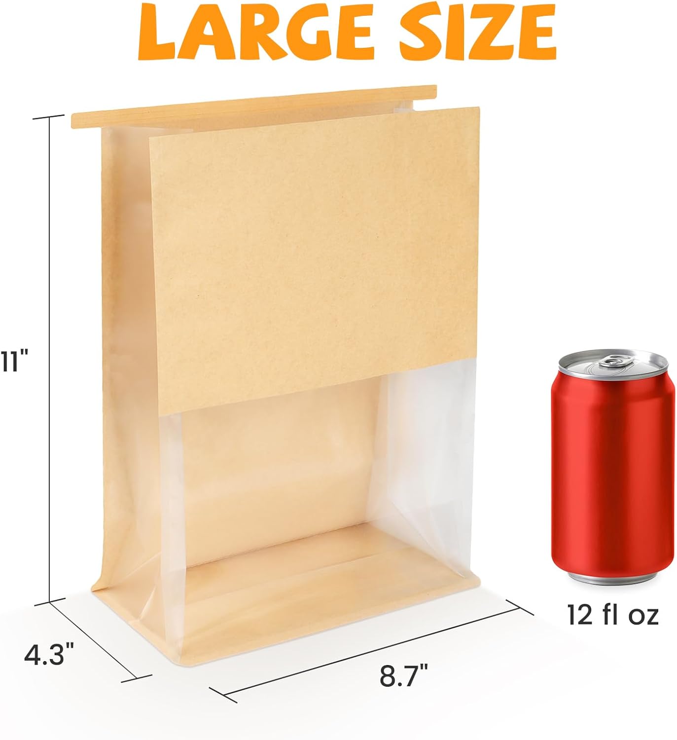 50 Pack Bread Bags with Tabs for Homemade Sourdough Bread, 8.7x4.3x11 Inches Tin Tie Tab Lock Large Paper Bakery Packaging Bags with Window for Gifting & Bake Sale | Thick Material, Grease Resistant, Self Standing