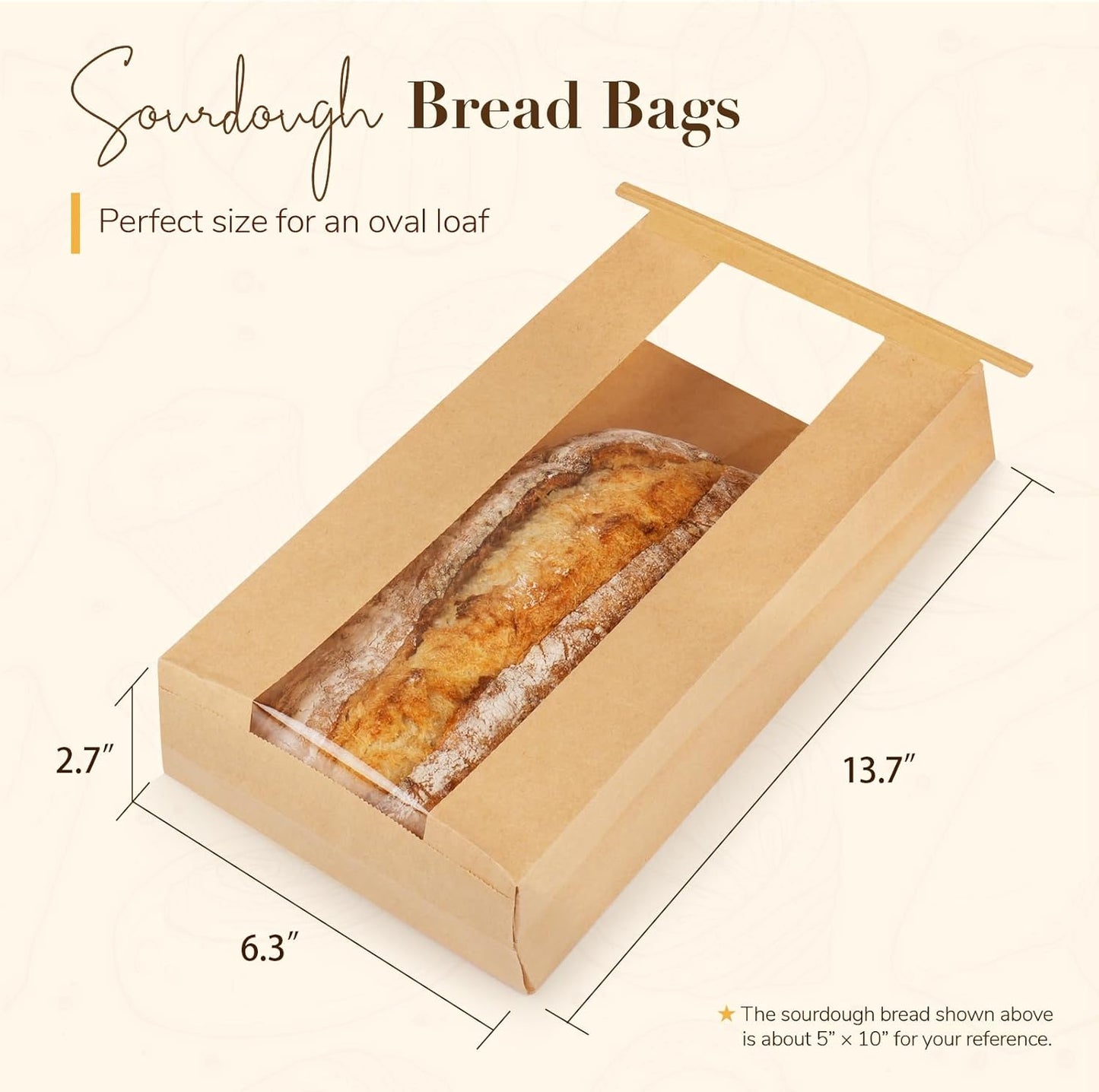 50 Pack Long Paper Bread Bags with Tabs for Homemade Sourdough, Resealable Bakery Bags with Window for Oval Sourdough Bread, Loaves, Pastries, Baguettes (6.3x2.7×13.7 Inches) | Grease Resistant