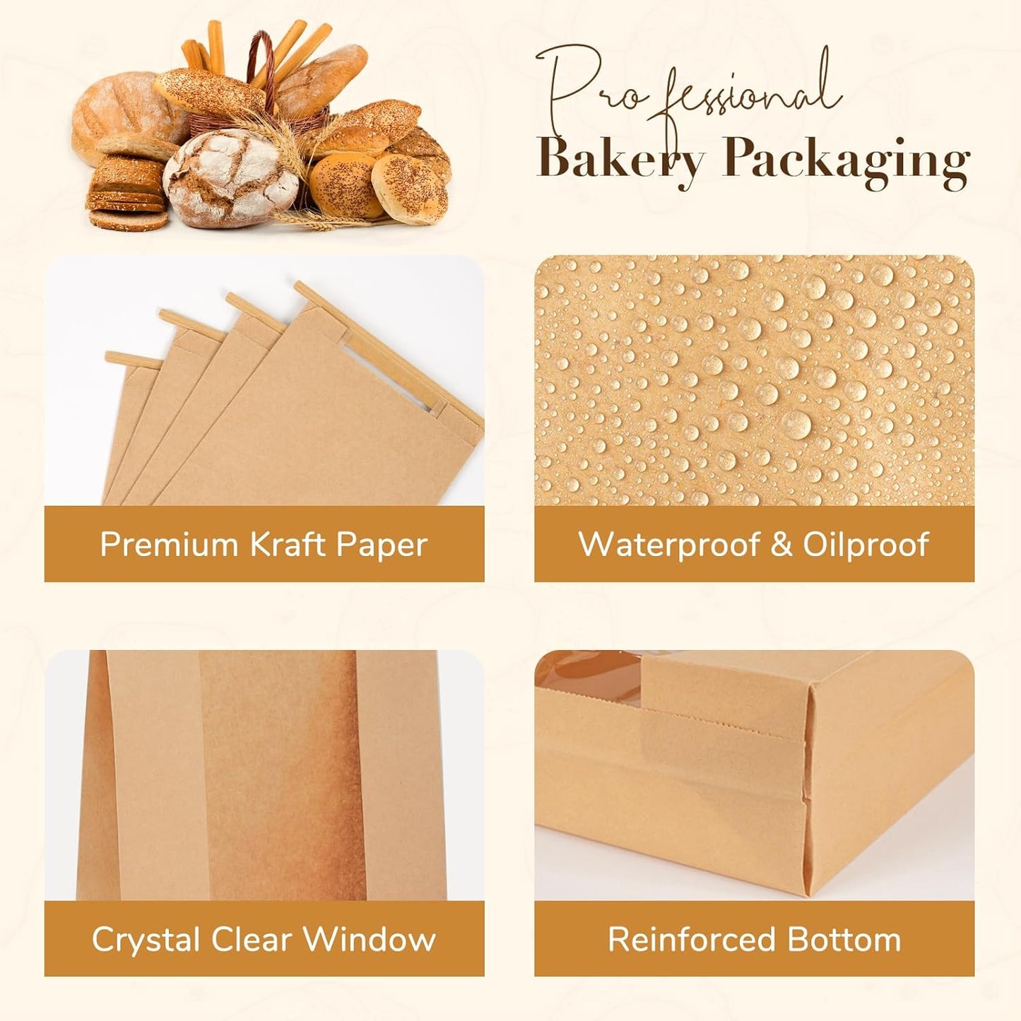 50 Pack Long Paper Bread Bags with Tabs for Homemade Sourdough, Resealable Bakery Bags with Window for Oval Sourdough Bread, Loaves, Pastries, Baguettes (6.3x2.7×13.7 Inches) | Grease Resistant