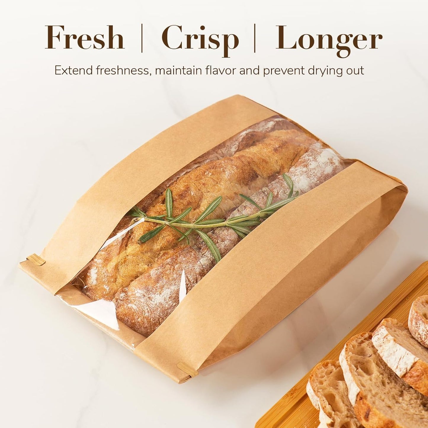 50 Pack Long Paper Bread Bags with Tabs for Homemade Sourdough, Resealable Bakery Bags with Window for Oval Sourdough Bread, Loaves, Pastries, Baguettes (6.3x2.7×13.7 Inches) | Grease Resistant