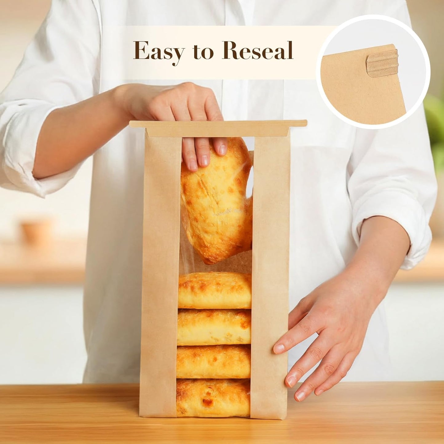 50 Pack Long Paper Bread Bags with Tabs for Homemade Sourdough, Resealable Bakery Bags with Window for Oval Sourdough Bread, Loaves, Pastries, Baguettes (6.3x2.7×13.7 Inches) | Grease Resistant