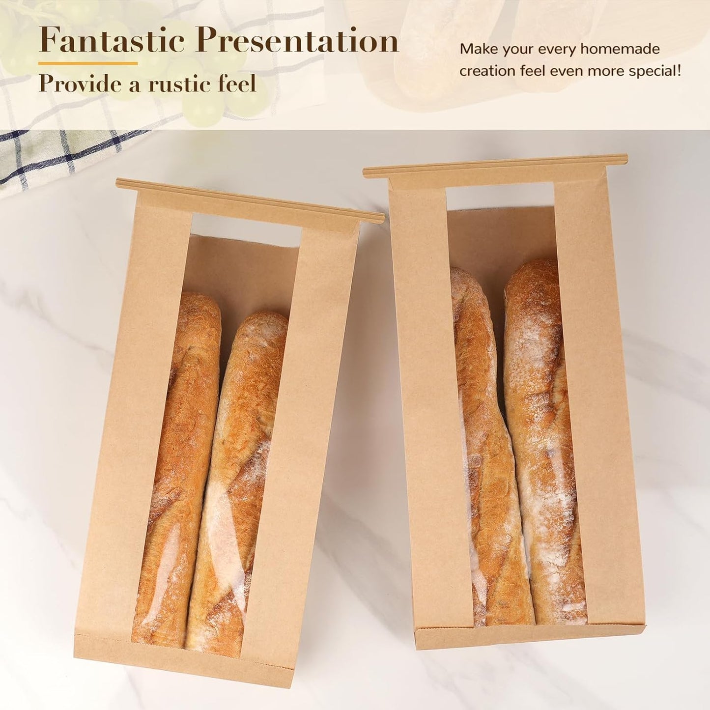 50 Pack Long Paper Bread Bags with Tabs for Homemade Sourdough, Resealable Bakery Bags with Window for Oval Sourdough Bread, Loaves, Pastries, Baguettes (6.3x2.7×13.7 Inches) | Grease Resistant