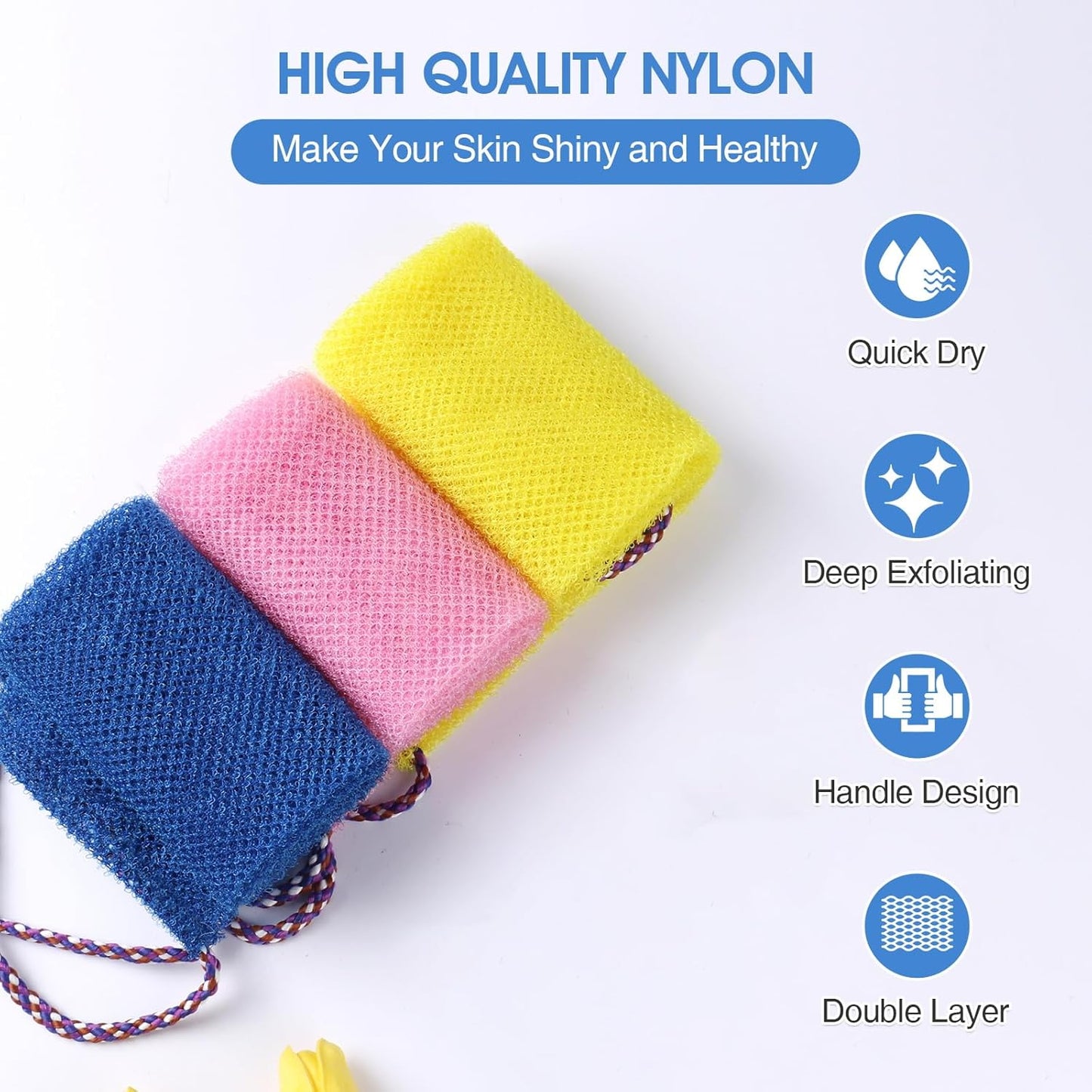 3 Pcs African Net Bath Sponge Double Layer Exfoliating Washcloth Body Scrubber with Handle for Adult and Kids