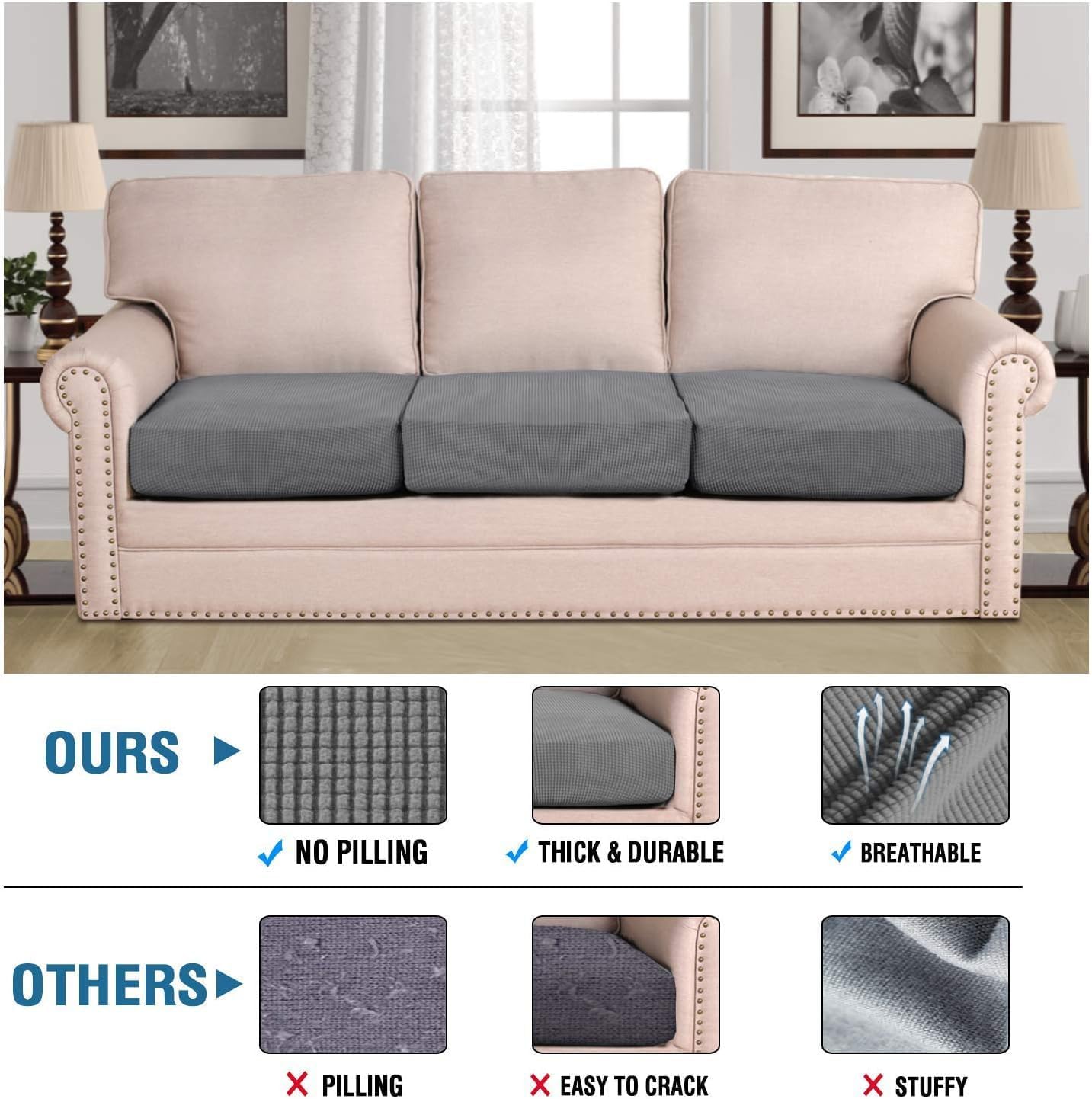 Super Stretch Individual Seat Chion Covers Sofa Covers Couch Chion Cover Slipcover Sets Thick Jacquard Textured Twill Fabric (3 Piece Sofa Chion Covers, Grey)