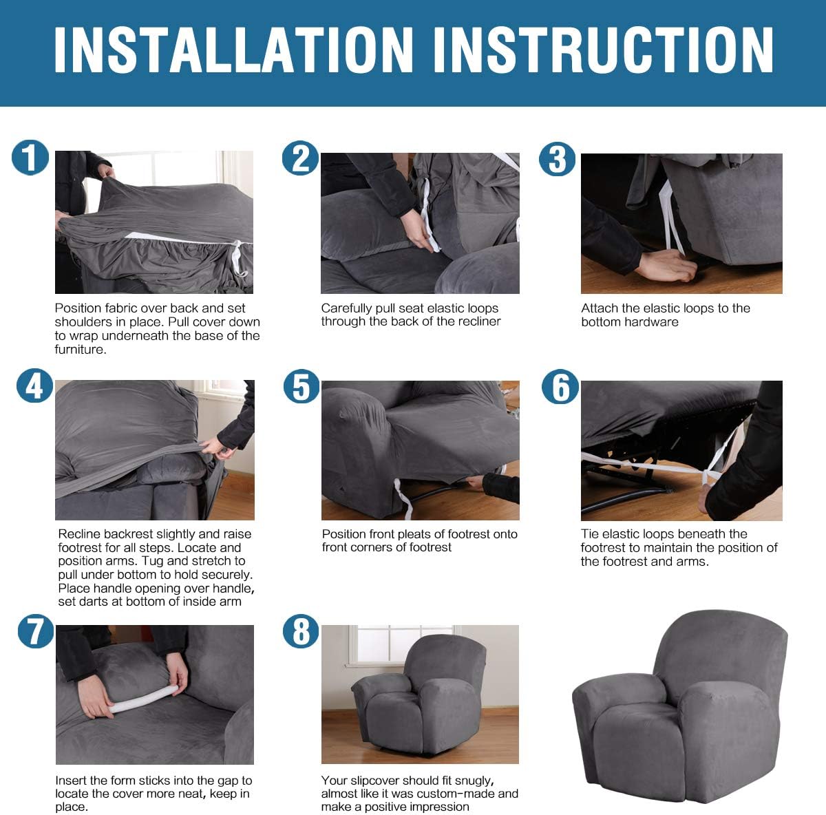 Velvet Recliner Chair Covers 1-Piece for Reclining Chair, Recliner Cover Feature Thick Luxury and Soft Fabric with Elastic Bottom, Anti-Slip Foams Attached (Grey, Large)