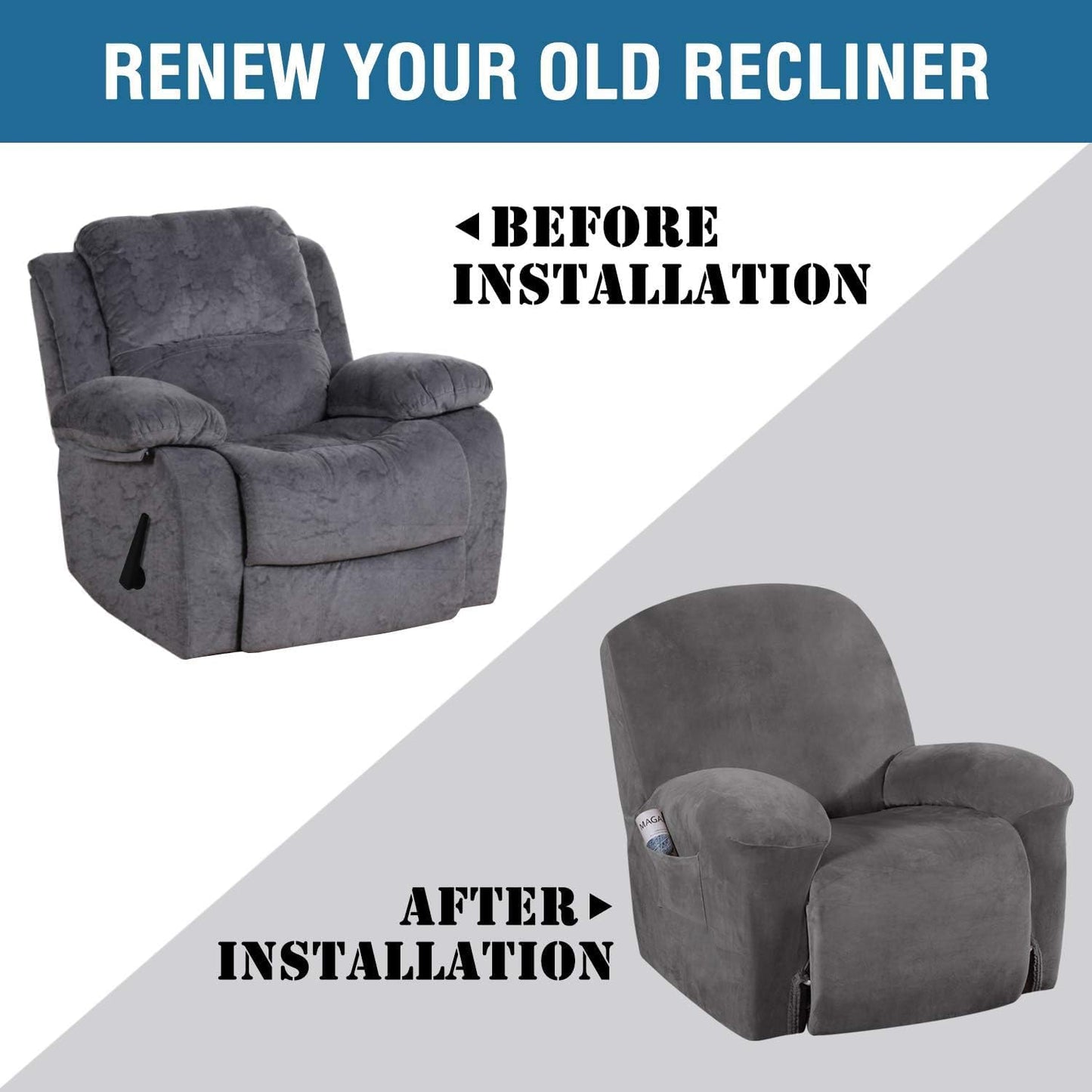 Velvet Recliner Chair Covers 1-Piece for Reclining Chair, Recliner Cover Feature Thick Luxury and Soft Fabric with Elastic Bottom, Anti-Slip Foams Attached (Grey, Large)