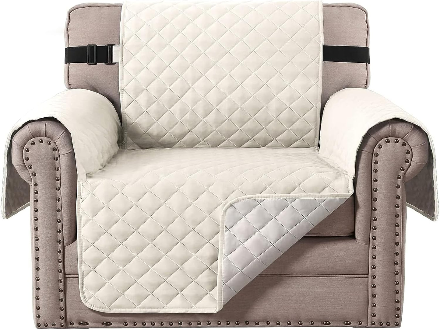Chair Slipcover Reversible Chair Cover Water Resistant Couch Cover Washable Chair Cover Non-Slip Fabric Furniture Protector with Elastic Strap for Pets(Armchair, Ivory/Beige)