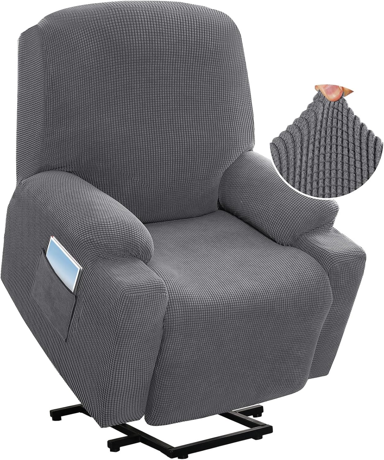 Stretch Couch Cover Recliner Cover Electric Power Lift Recliner Chair Cover Fitted Standard Large Power Lift Recliner with Side Pocket, Soft Thick Jacquard(Single Seat, Grey)