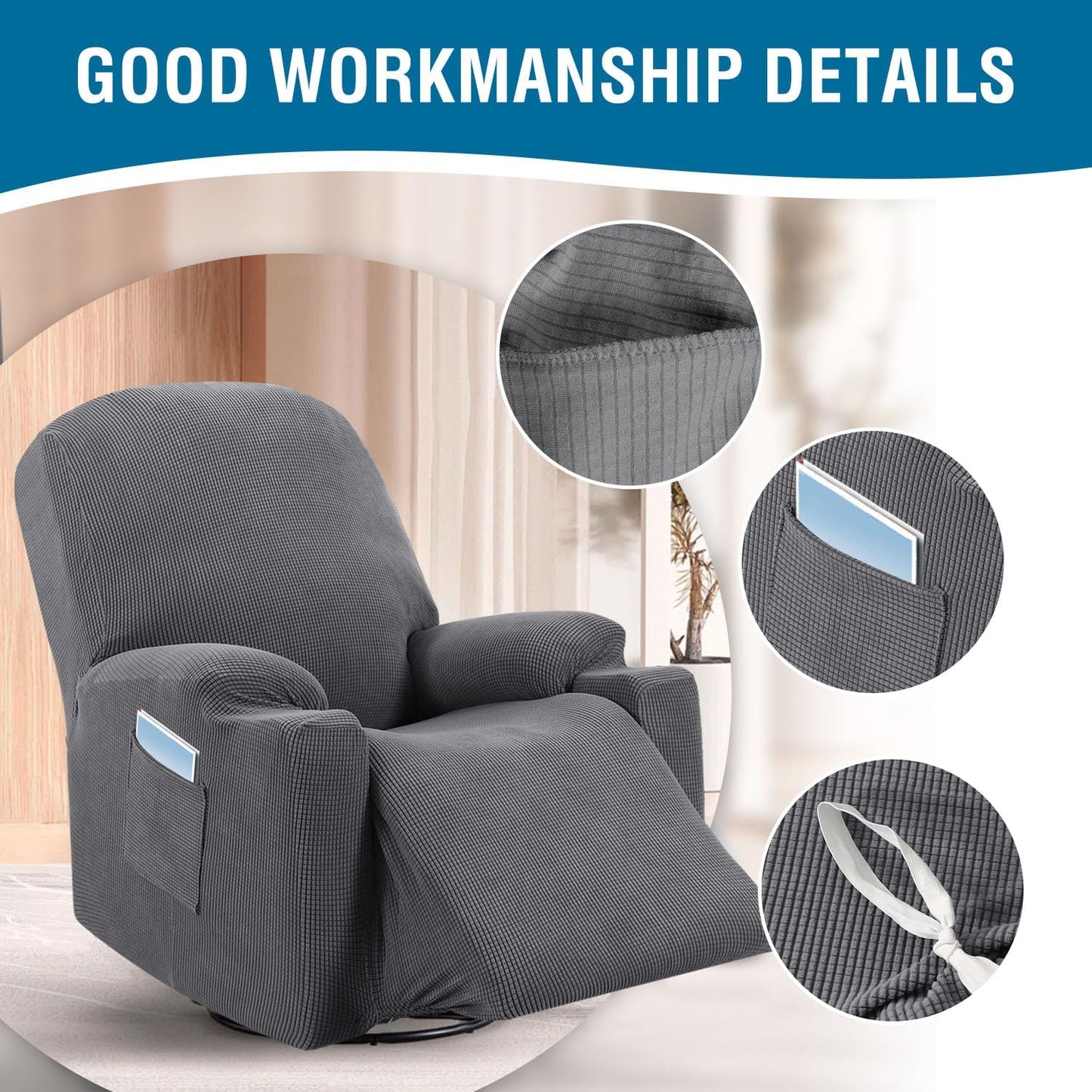 Stretch Couch Cover Recliner Cover Electric Power Lift Recliner Chair Cover Fitted Standard Large Power Lift Recliner with Side Pocket, Soft Thick Jacquard(Single Seat, Grey)