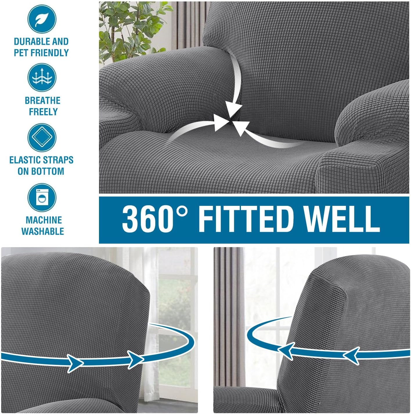 Stretch Couch Cover Recliner Cover Electric Power Lift Recliner Chair Cover Fitted Standard Large Power Lift Recliner with Side Pocket, Soft Thick Jacquard(Single Seat, Grey)