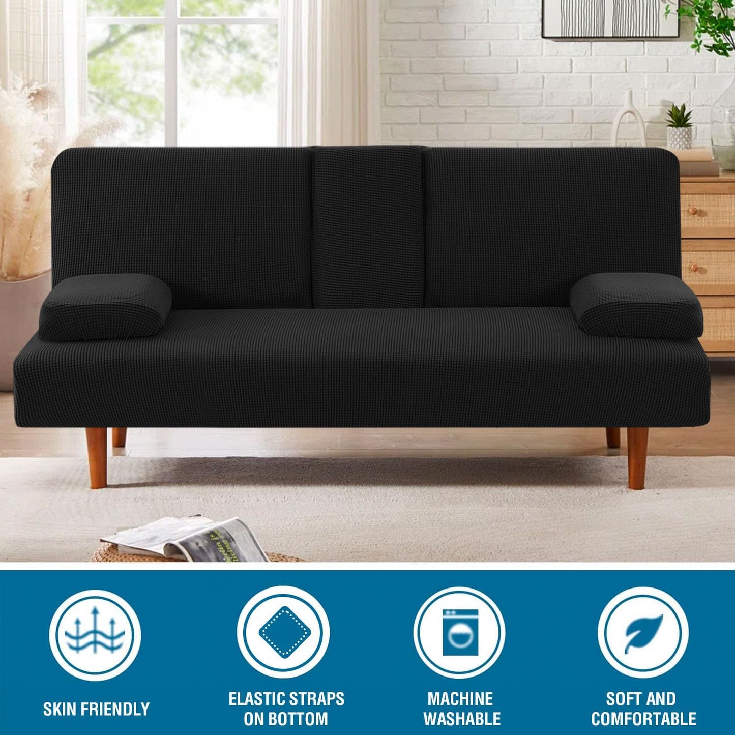 4 Pieces Stretch Futon Covers Sofa Bed Slipcover with Removable Armrests and Cupholders Covers Furniture Protector High Spandex Small Checks Jacquard Fabric, Black