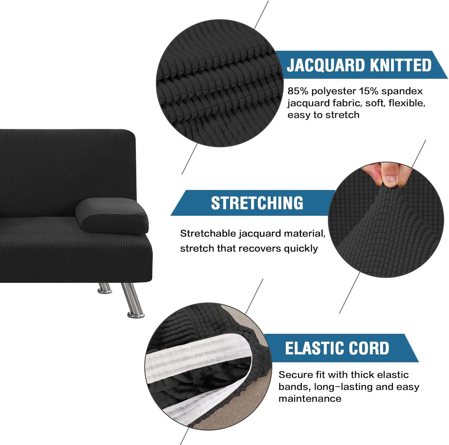 4 Pieces Stretch Futon Covers Sofa Bed Slipcover with Removable Armrests and Cupholders Covers Furniture Protector High Spandex Small Checks Jacquard Fabric, Black