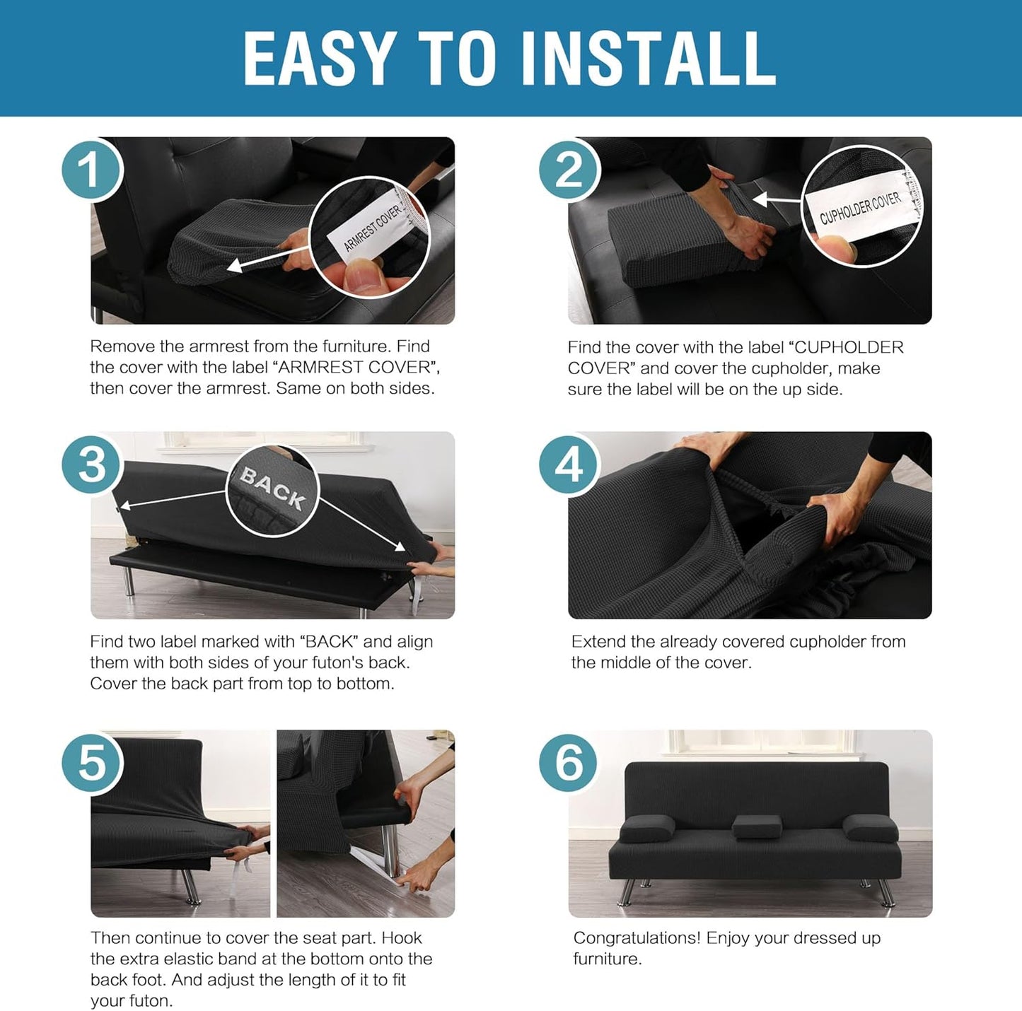 4 Pieces Stretch Futon Covers Sofa Bed Slipcover with Removable Armrests and Cupholders Covers Furniture Protector High Spandex Small Checks Jacquard Fabric, Black