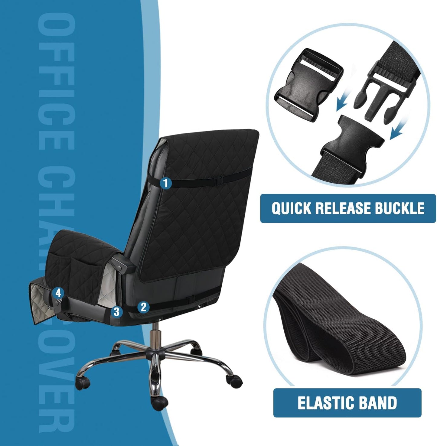 Water-Resistant Office Chair Protector – Universal High-Back Cover with Non-Slip Buckles, Fits Executive,Gaming Chair and Desk Chairs (Black/Grey, Washable)