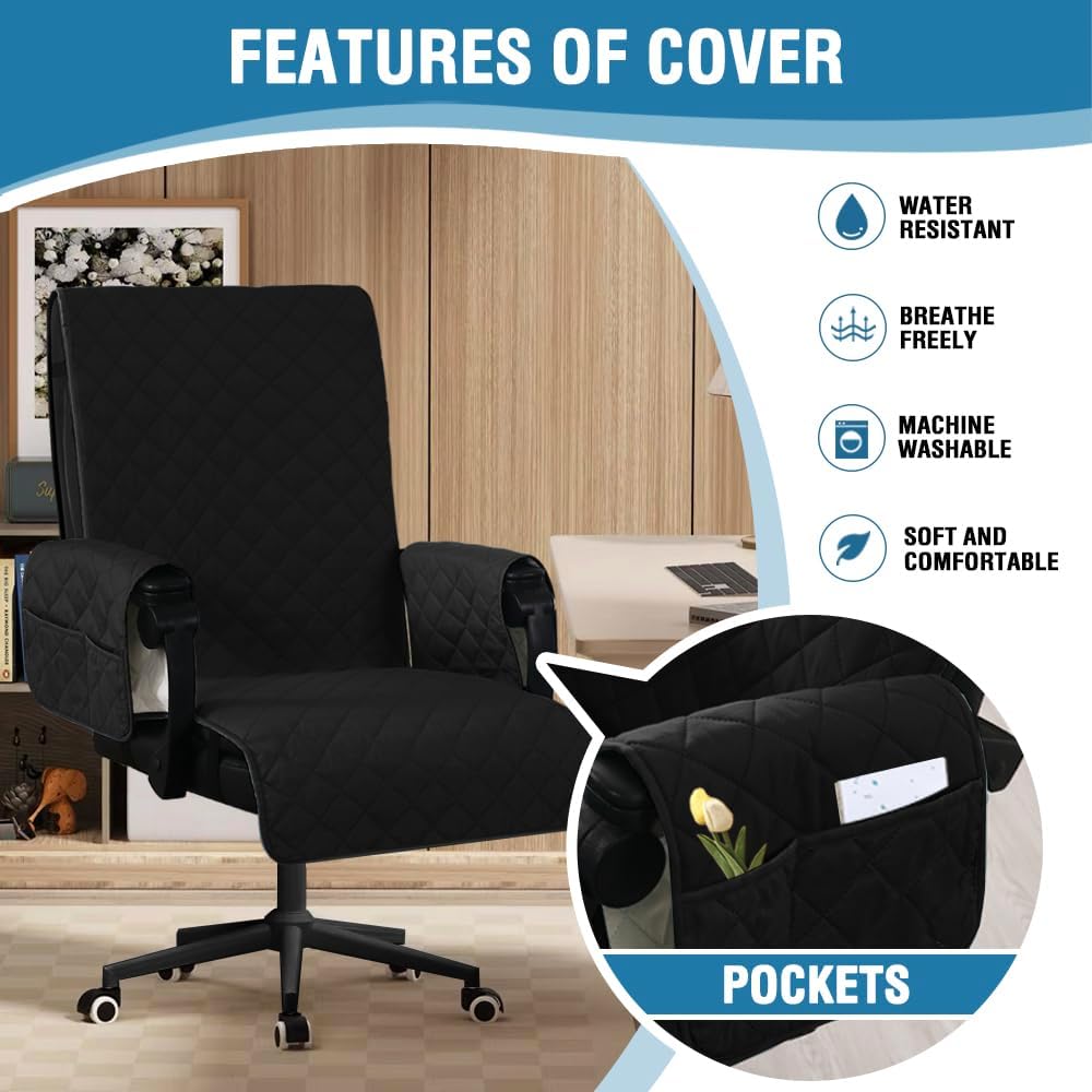 Water-Resistant Office Chair Protector – Universal High-Back Cover with Non-Slip Buckles, Fits Executive,Gaming Chair and Desk Chairs (Black/Grey, Washable)