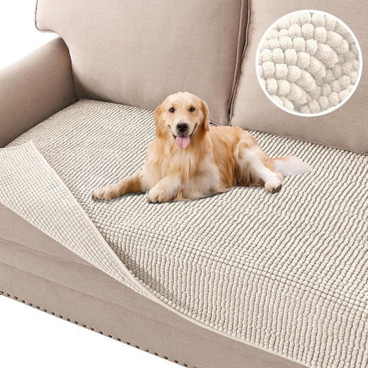 Plh Chenille Dog Bed Cover Thick Soft Sofa Cover for 3 Chion Couch Anti Slip Couch Cover Furniture Protector for Dog, Pet, Cat (35" x 74", Ivory)