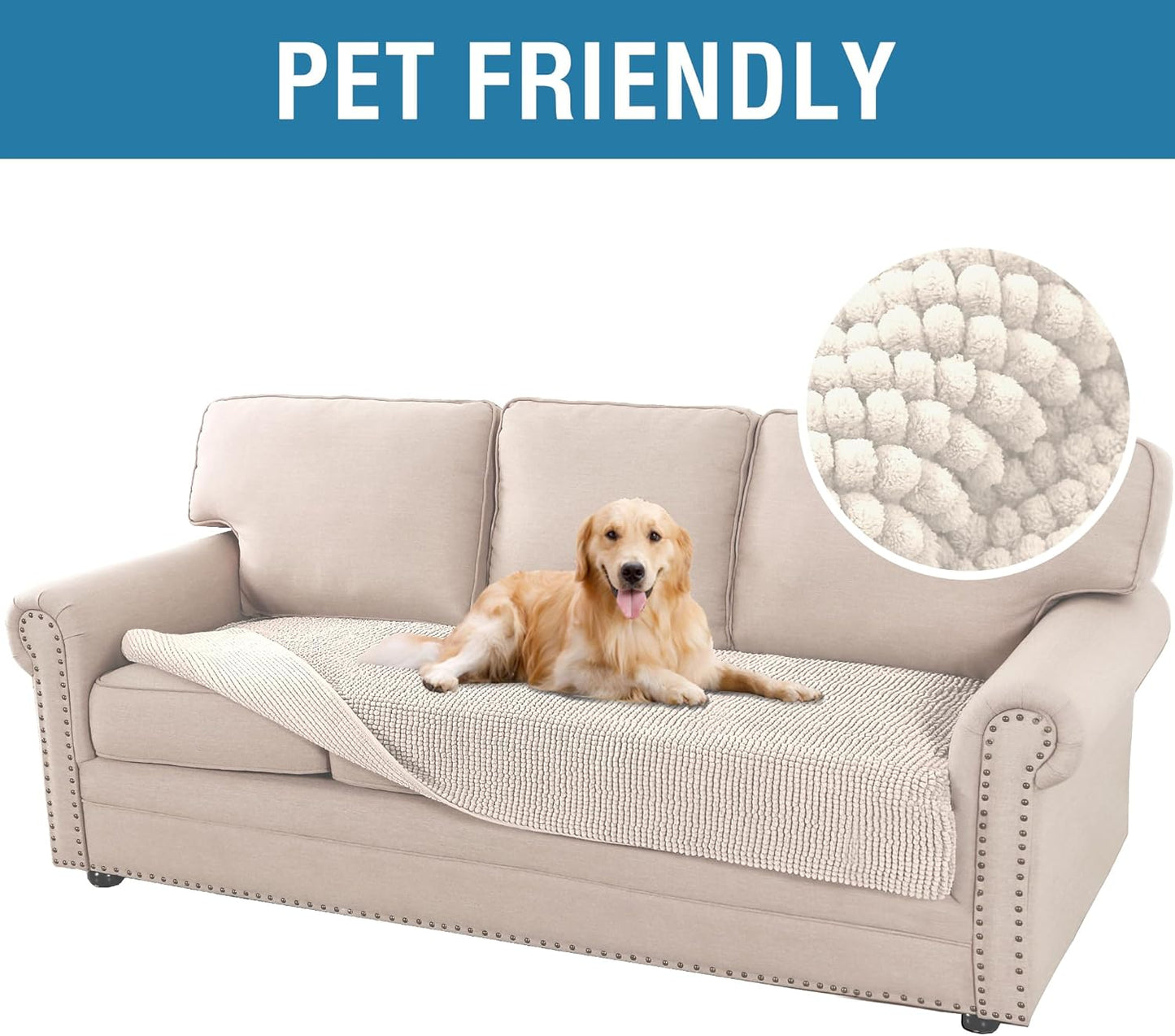 Plh Chenille Dog Bed Cover Thick Soft Sofa Cover for 3 Chion Couch Anti Slip Couch Cover Furniture Protector for Dog, Pet, Cat (35" x 74", Ivory)